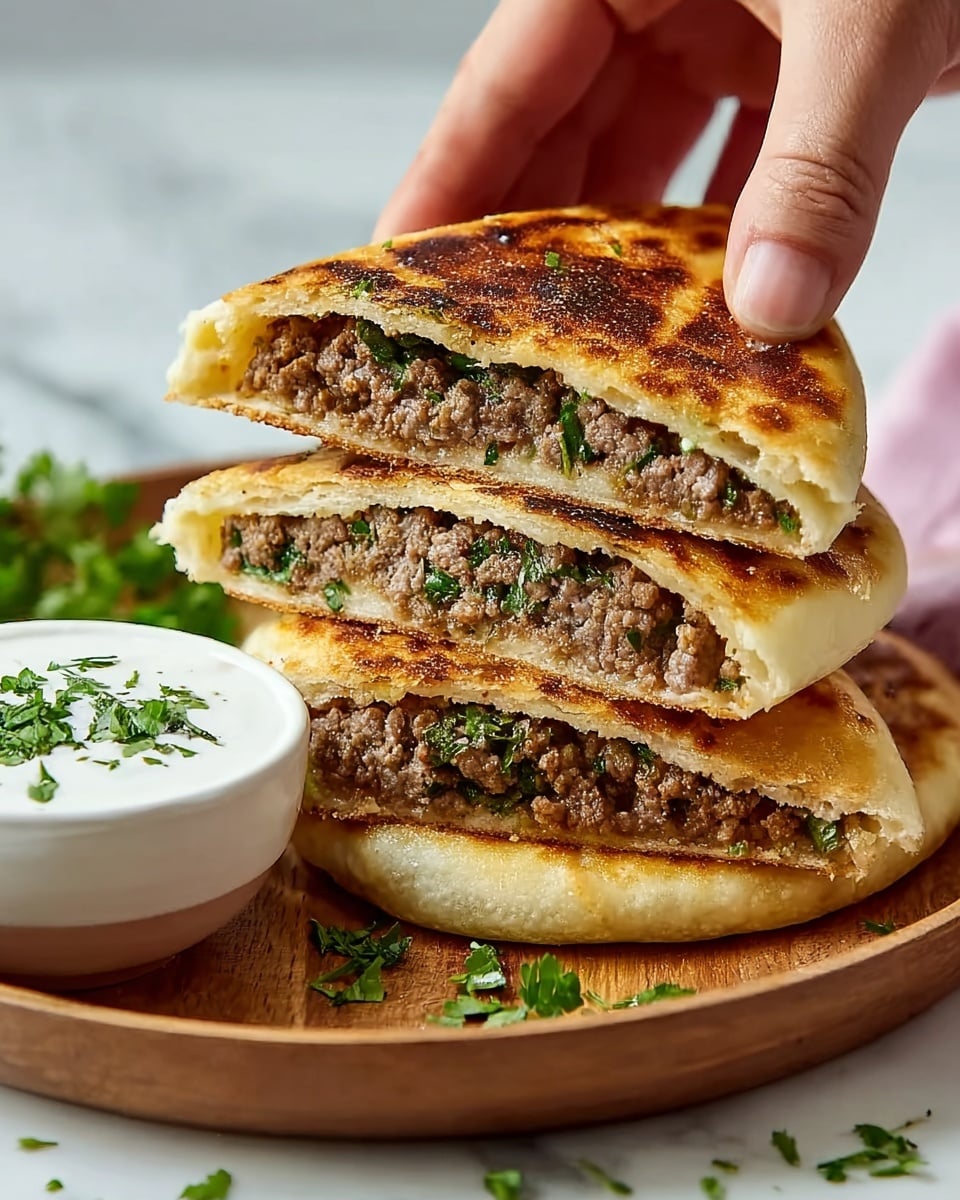 The image shows three stuffed flatbreads with a golden-brown, crispy outer layer stacked on a wooden plate. Each flatbread is cut in half, revealing two layers: a thin, browned dough exterior and a thick filling inside made of seasoned ground meat mixed with green herbs. The flatbread halves are stacked neatly, with one woman's hand gently holding the top piece. Next to the stack on the plate is a small white bowl filled with a creamy white sauce, garnished with chopped green herbs. Fresh herbs are scattered around the plate on a white marbled surface in the background. photo taken with an iphone --ar 4:5 --v 7