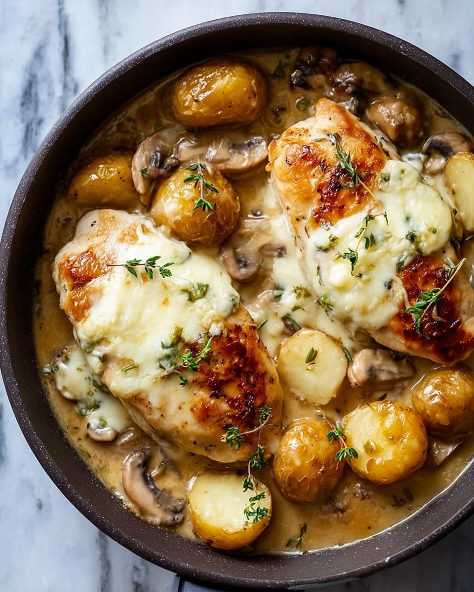In a shallow, round black pan, two golden brown chicken breasts sit on a bed of light brown creamy sauce mixed with sautéed mushrooms in a rich gravy. The chicken breasts are topped with melted white cheese that is bubbling and slightly browned in areas, with fresh green thyme sprigs scattered on top. Around the chicken, small round pieces of potato with a golden crust float in the sauce. The pan rests on a white marbled surface. photo taken with an iphone --ar 4:5 --v 7