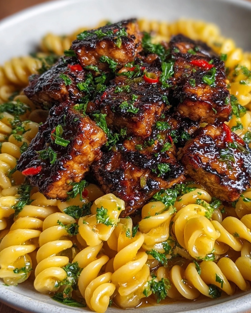 A close-up of a white bowl filled with cooked spiral pasta at the bottom, showing a smooth, slightly shiny yellow texture with some green herbs and red chili pieces mixed in. On top, there are several large pieces of charred, grilled tempeh with a dark caramelized crust and bits of green parsley sprinkled over them, adding a fresh, vibrant touch. The dish looks glossy and well-seasoned, with the tempeh pieces layered evenly over the pasta. Photo taken with an iphone --ar 4:5 --v 7