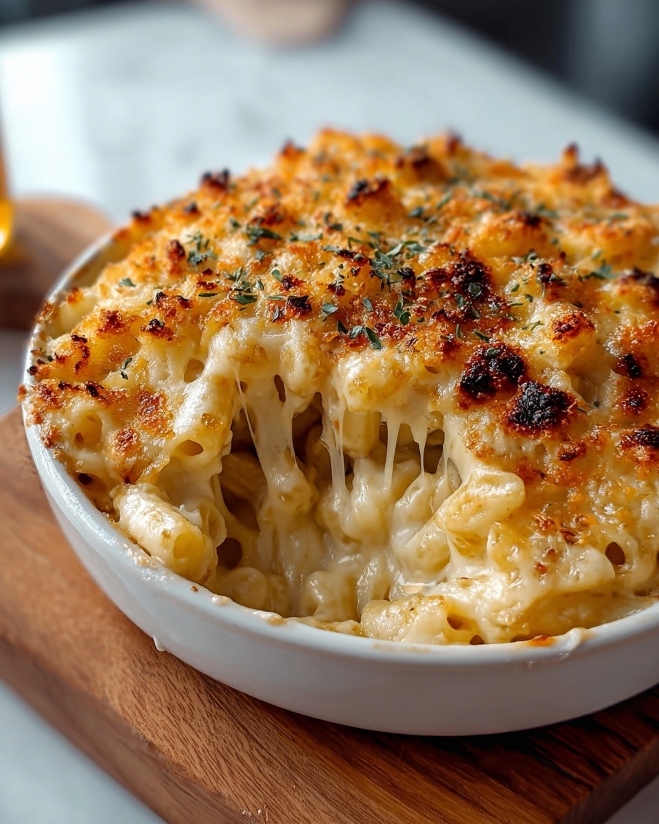 A close-up of a white round dish filled with baked macaroni and cheese showing three layers: the bottom layer with pale yellow macaroni noodles coated in creamy white cheese sauce, the middle layer with thicker melted cheese strands stretching upwards, and the top layer with a golden brown crispy cheese crust sprinkled with tiny green herb leaves, all resting on a wooden board over a white marbled surface. photo taken with an iphone --ar 4:5 --v 7