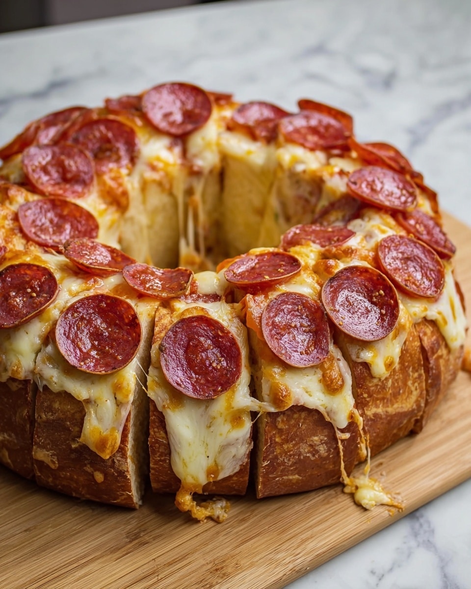 A round pizza pull-apart bread is shown on a wooden board over a white marbled surface. It is cut into multiple thick slices arranged in a ring shape with a hollow middle. Each slice has a soft, golden brown bread base as the bottom layer, then a layer of melted light yellow cheese on top that looks gooey and slightly browned. On the cheese, there are several round, dark red pepperoni slices evenly distributed. The cheese stretches and pulls between the slices, making the pizza look fresh and hot. photo taken with an iphone --ar 4:5 --v 7