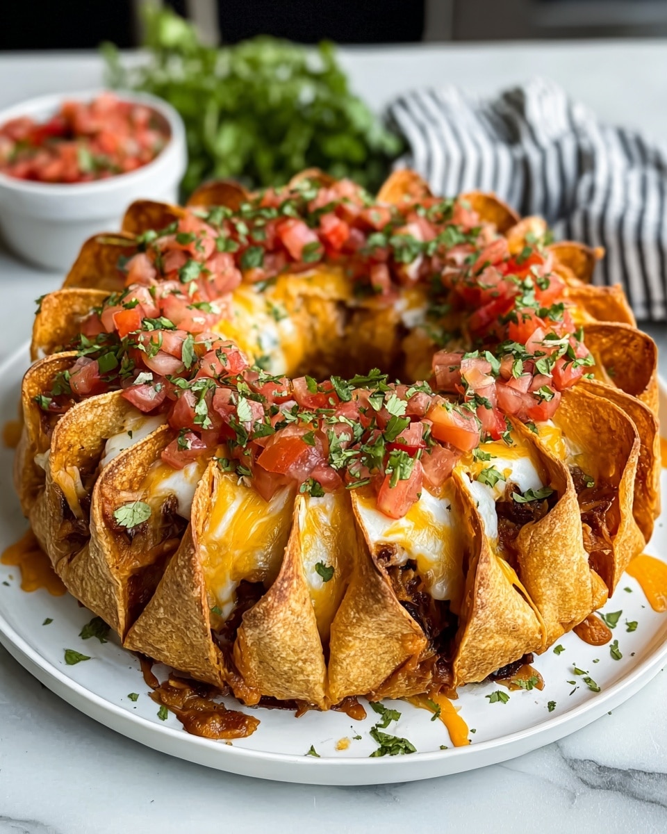 A round Mexican ring-shaped dish with multiple thick, golden-brown tortilla strips arranged in a circular pattern, each strip folded upward to create an open top. Melted orange cheddar and white cheese cover the top and sides, blending together and slightly dripping down the sides. On top, there is a layer of finely chopped red tomatoes and green cilantro evenly scattered, adding bright colors. The dish is served on a white plate placed on a white marbled surface with a blurred background showing a striped cloth and some greens. Photo taken with an iphone --ar 4:5 --v 7