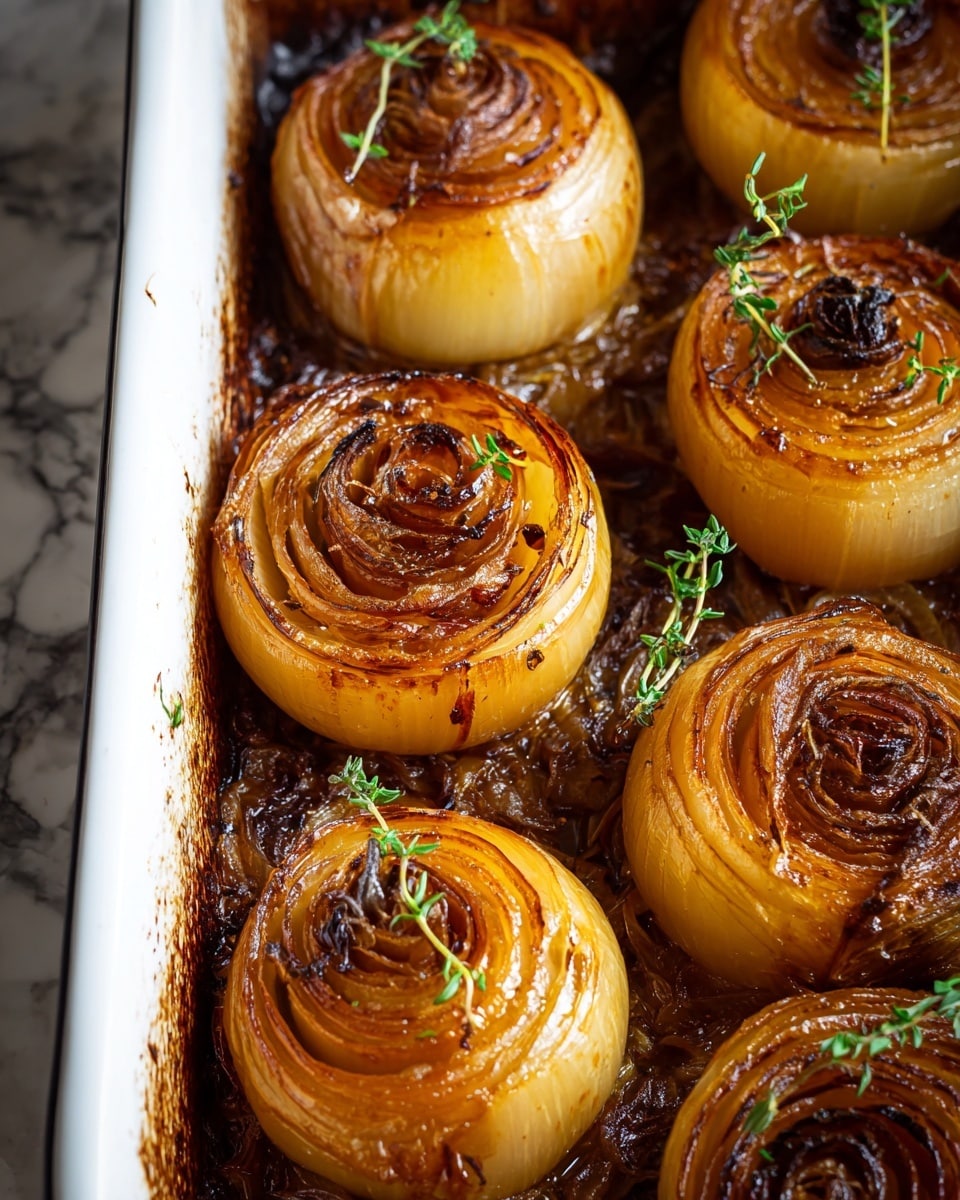 The image shows a baking tray filled with seven whole roasted onions arranged closely together. Each onion is cut in layers that create a spiral pattern, with the outer layers light golden yellow and the inner layers deeper caramelized brown, giving a textured look that is both soft and slightly crispy. Small green sprigs of fresh thyme are scattered gently on and around the onions, adding a pop of color against the rich warm tones. The tray edges are white, and the onions sit on a dark, caramelized base of cooked onion bits. The background features a white marbled texture. photo taken with an iphone --ar 4:5 --v 7