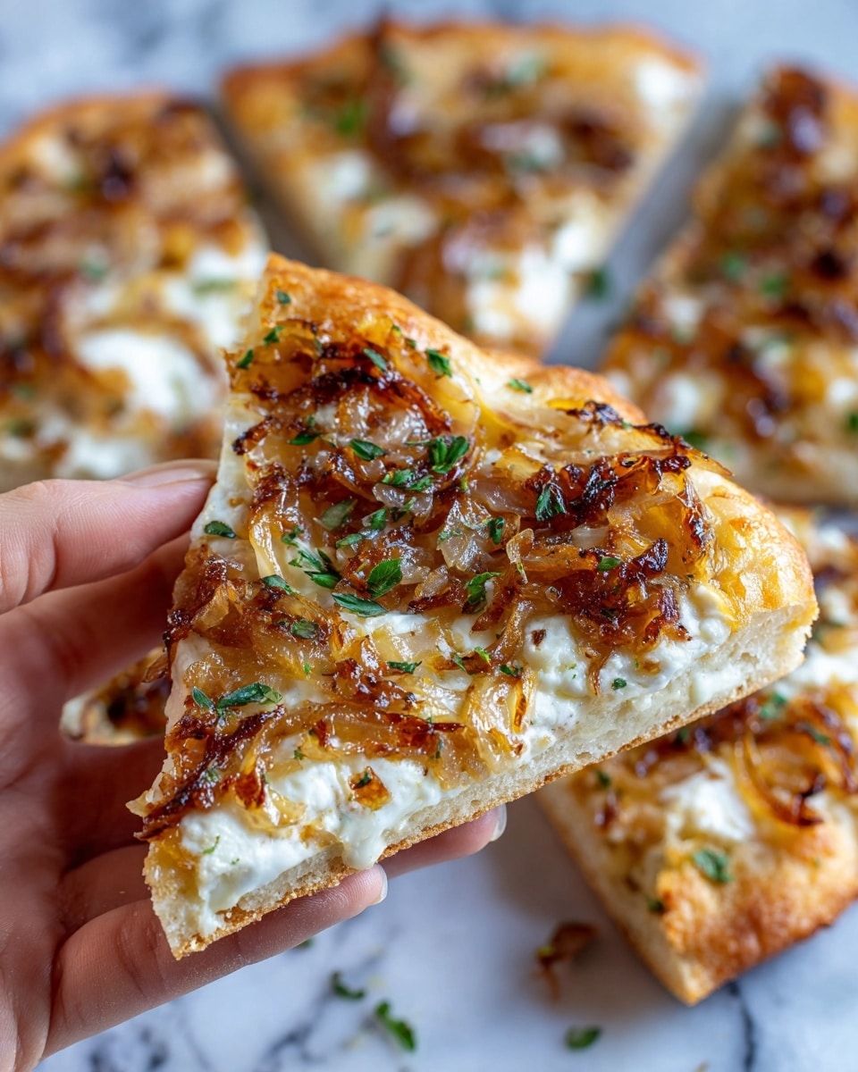 A rectangular flatbread with a golden-brown crust is topped with creamy, melted white cheese and thin, caramelized onion strips that have a rich brown color. Fresh green herbs are lightly scattered on top, adding contrast. The flatbread is cut into square pieces, with one piece slightly pulled away from the rest, resting on light brown parchment paper. The background is a white marbled texture. photo taken with an iphone --ar 4:5 --v 7
