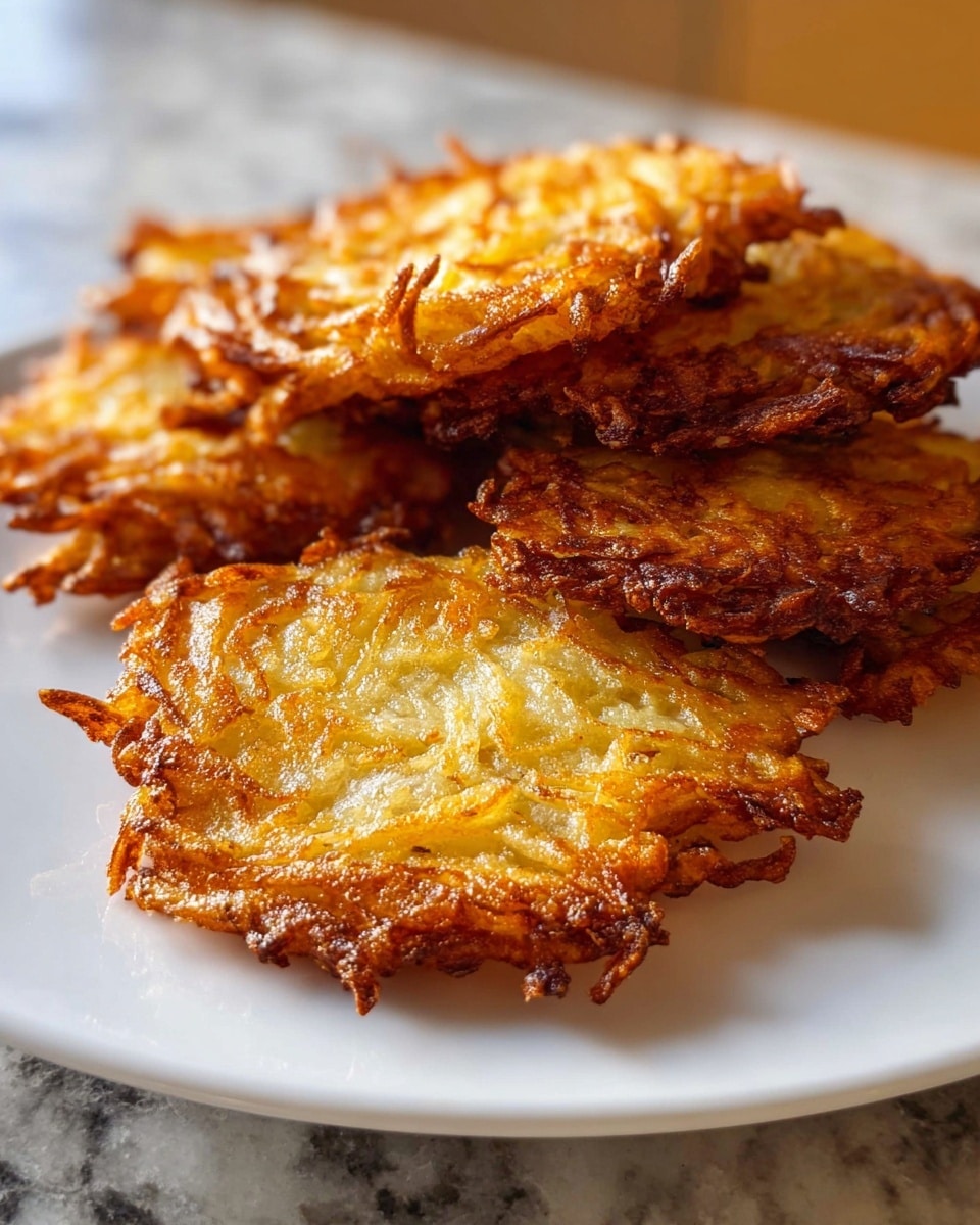A white plate holds a stack of four golden brown potato latkes with crispy, uneven edges and a slightly glossy surface showing the shredded potato texture. The latkes are layered unevenly, with the top one slightly lifted, revealing the soft and moist inside beneath the crunchy exterior. The plate rests on a white marbled texture surface, and the background is softly blurred to keep focus on the warm, fried latkes. photo taken with an iphone --ar 4:5 --v 7