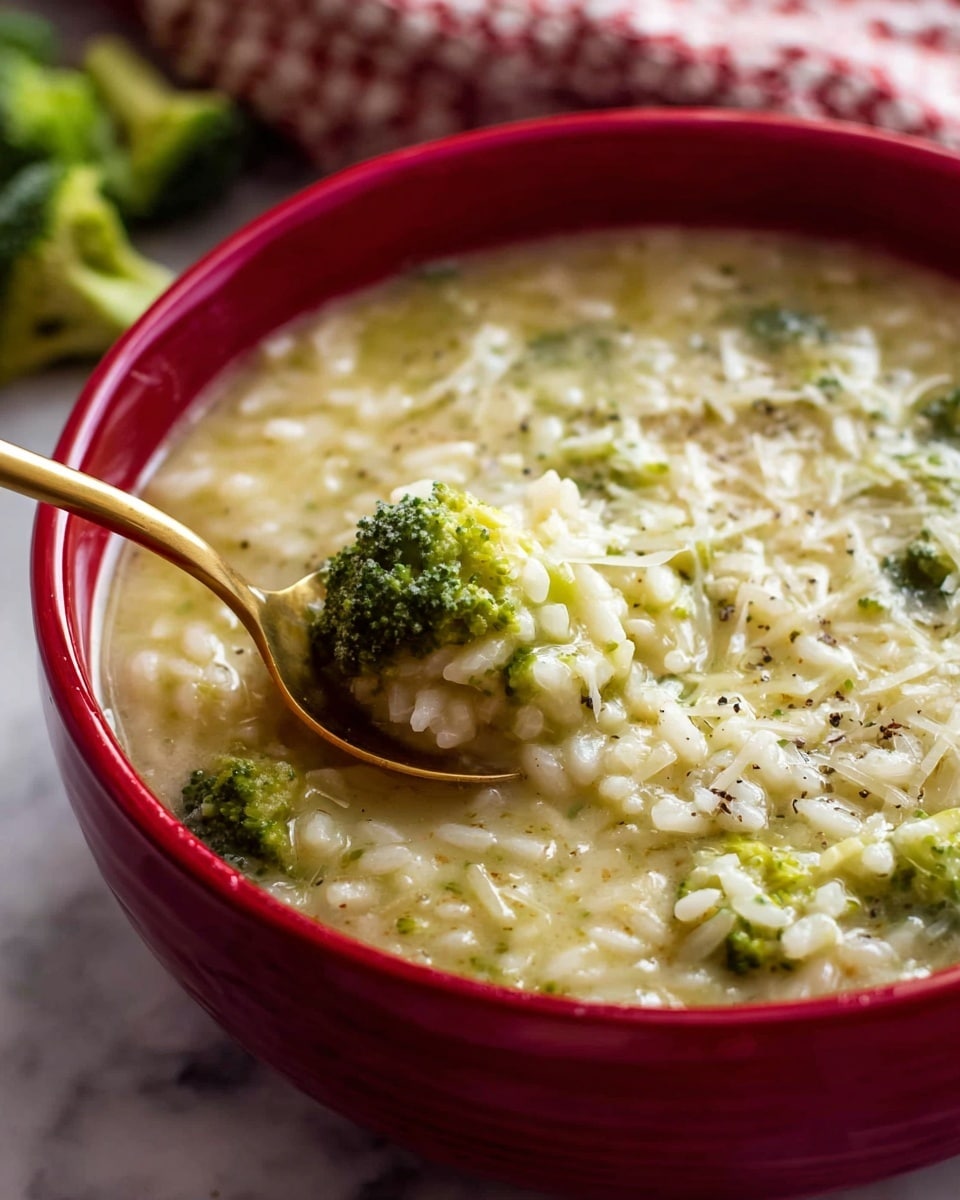 A close-up of a red bowl filled with creamy broccoli and rice soup, showing visible small green broccoli florets scattered throughout and plump, soft white rice grains mixed in a thick, slightly oily broth speckled with black pepper and grated cheese on the surface. A golden spoon dips into the soup from the left side of the bowl, lifting some broccoli pieces and rice. The bowl sits on a white marbled surface with blurred green broccoli pieces and a red and white cloth in the background. photo taken with an iphone --ar 4:5 --v 7