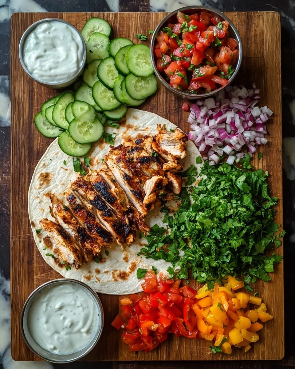 The image shows a wooden board with a white round tortilla at the center bottom, topped with a layer of grilled chicken slices that are golden brown with char marks. Above the tortilla and chicken, there is a small bowl filled with bright red diced tomatoes mixed with green herbs. To the left of the tomatoes, there are sliced cucumber rounds arranged in a neat pile with light green skin and pale interiors. To the right side of the chicken, there is a thick green layer of chopped fresh cilantro that spreads out. Below the cilantro, there are small piles of chopped red onion, yellow and orange bell peppers, and more cilantro. At the top right corner, there are two small white bowls, one filled with a creamy white sauce speckled with herbs, and the other with a bright red chunky sauce. The scene is set on a dark wooden surface changed to a white marbled texture for the background. photo taken with an iphone --ar 4:5 --v 7