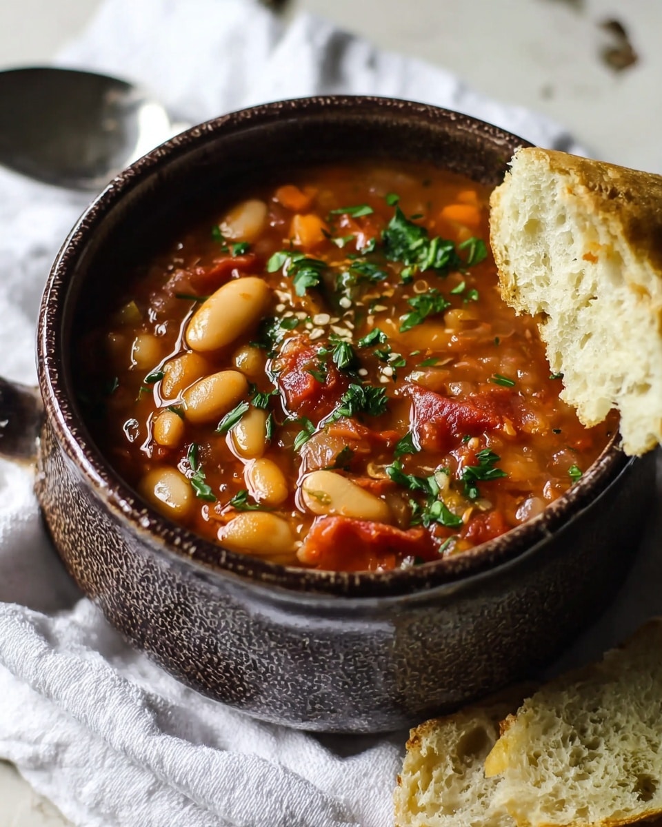A close-up view of a dark brown textured soup bowl filled with thick bean and tomato soup, showing layers of white beans, red tomato chunks, and herbs floating on top, with chopped green parsley scattered over the surface. The bowl is placed on a white cloth with two torn pieces of light beige bread beside it. The background features a white marbled texture. Photo taken with an iphone --ar 4:5 --v 7