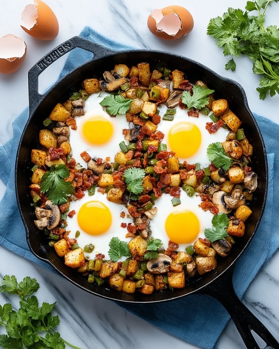 A black cast iron skillet filled with a round layer of golden brown, small cubed potatoes mixed with cooked green bell pepper pieces and sliced brown mushrooms. Four sunny-side-up eggs with bright yellow yolks and white edges sit evenly spaced in the center, surrounded by the potato mixture. Scattered small crispy bacon bits are sprinkled mainly between the eggs, and fresh green cilantro leaves are placed on and around the eggs and potatoes for garnish. The skillet rests on a blue cloth over a white marbled surface, with two cracked eggshells to the top left and some fresh cilantro sprigs nearby. Photo taken with an iphone --ar 4:5 --v 7