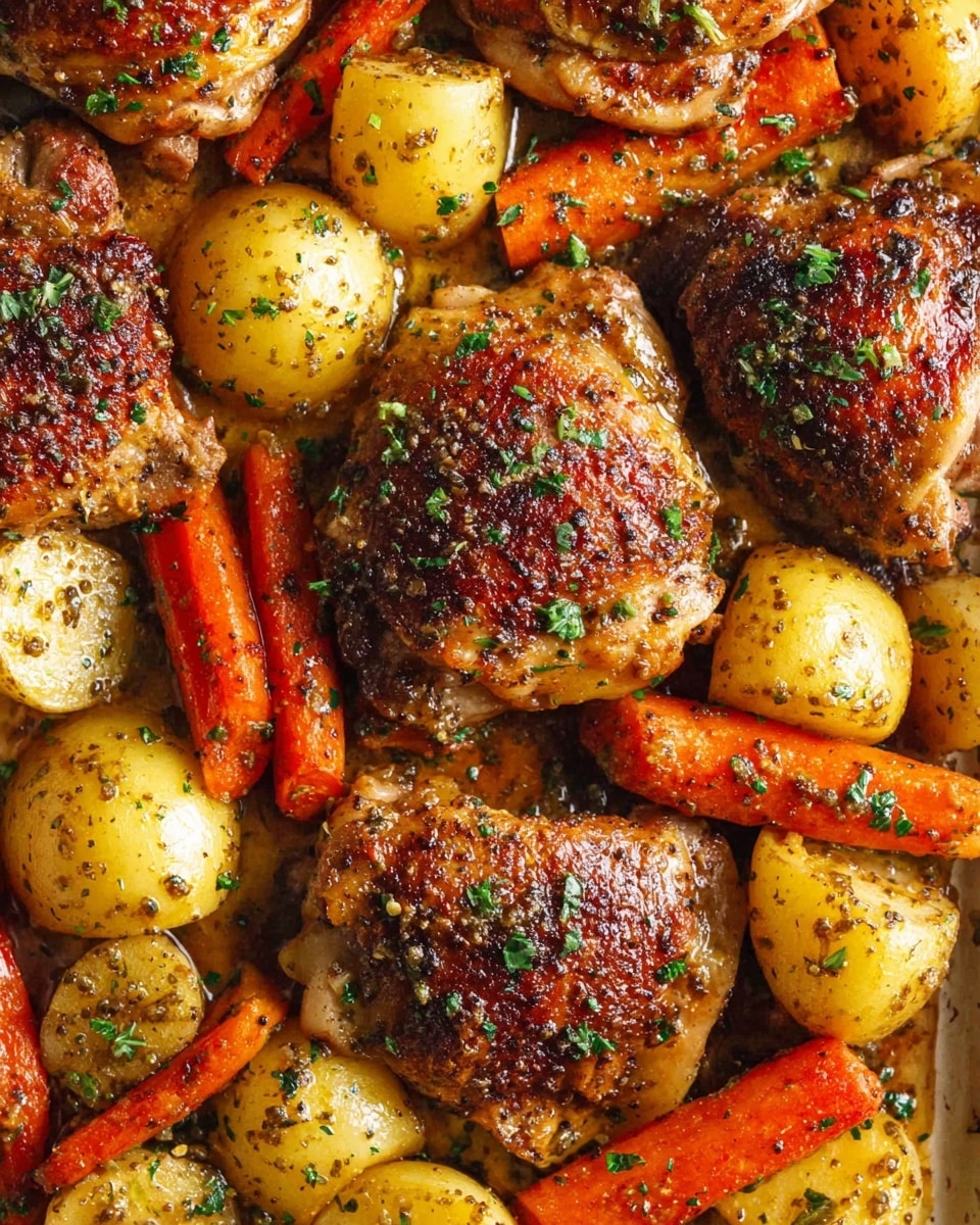 A close-up view of a baked dish with five browned chicken thighs spread evenly, surrounded by chunky golden-yellow potato halves and thick bright orange carrot pieces. The chicken thighs have a crispy skin with a grainy, mustard-seed sauce coating, while the potatoes and carrots also appear glazed in the same sauce, dotted with green herb sprinkles. The food sits tightly together, showing a mix of textures from crispy chicken skin to soft roasted vegetables. The background is a white marbled texture. photo taken with an iphone --ar 4:5 --v 7