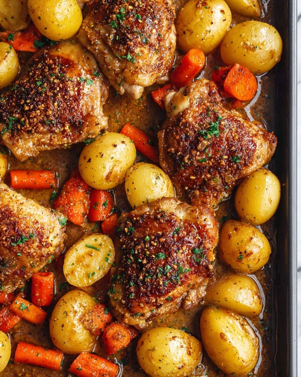 The image shows a close-up of a cooked dish with four pieces of crispy golden-brown chicken thighs spread evenly across. Surrounding the chicken are halved yellow potatoes with a slightly shiny, soft texture and small roasted chunks of bright orange carrots. All ingredients are coated in a grainy, brown mustard sauce with small green herb bits sprinkled on top. The food rests on a baking tray with some of the sauce pooling around the edges, and the whole scene is set against a white marbled texture. photo taken with an iphone --ar 4:5 --v 7