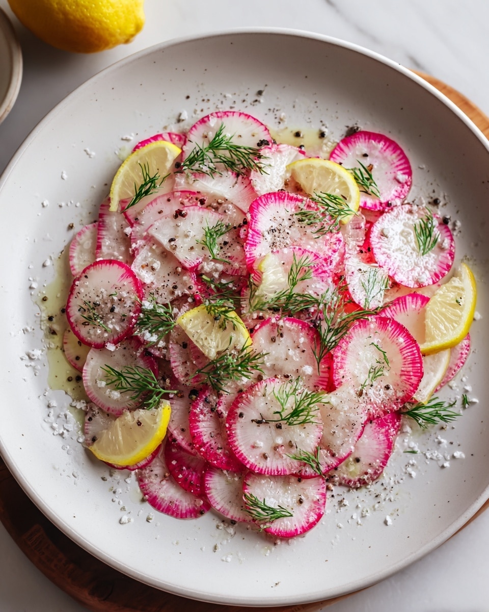A white plate holds a dish made of many thin, round slices of radishes with pink edges and white centers, arranged in a loose pile. Scattered on top are small green dill sprigs and thin lemon wedges with bright yellow skin. The radishes are lightly covered with coarse salt crystals and small black pepper bits, giving a sparkling, fresh look. The plate sits on a white marbled surface, adding a clean and bright background. Photo taken with an iphone --ar 4:5 --v 7