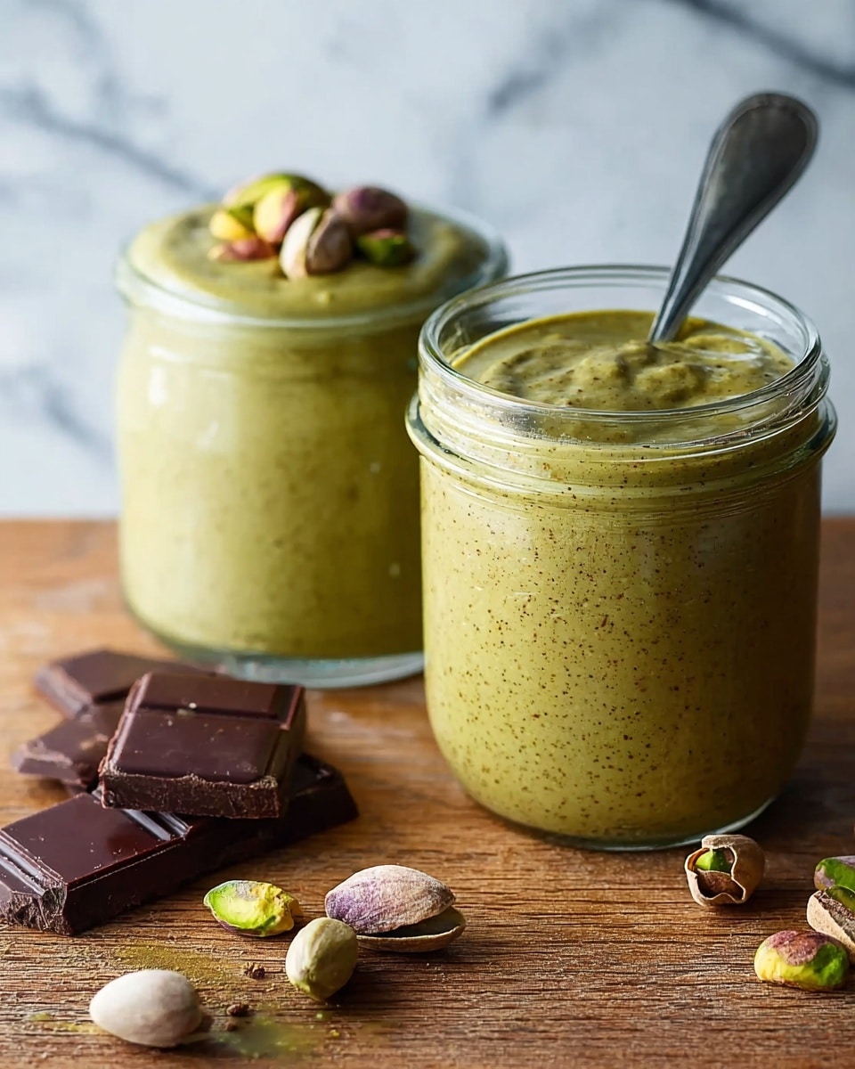 The image shows two glass jars filled with a thick, greenish spread. The jar on the right is the closest, filled with a smooth, speckled green mixture that has a silver spoon dipped into it. The jar on the left is slightly further back and filled with the same green spread, topped with a few whole pistachios. In front of the jars, there are some whole and halved pistachios scattered on a wooden surface along with a few pieces of dark brown chocolate. The background is a white marbled texture. photo taken with an iphone --ar 4:5 --v 7