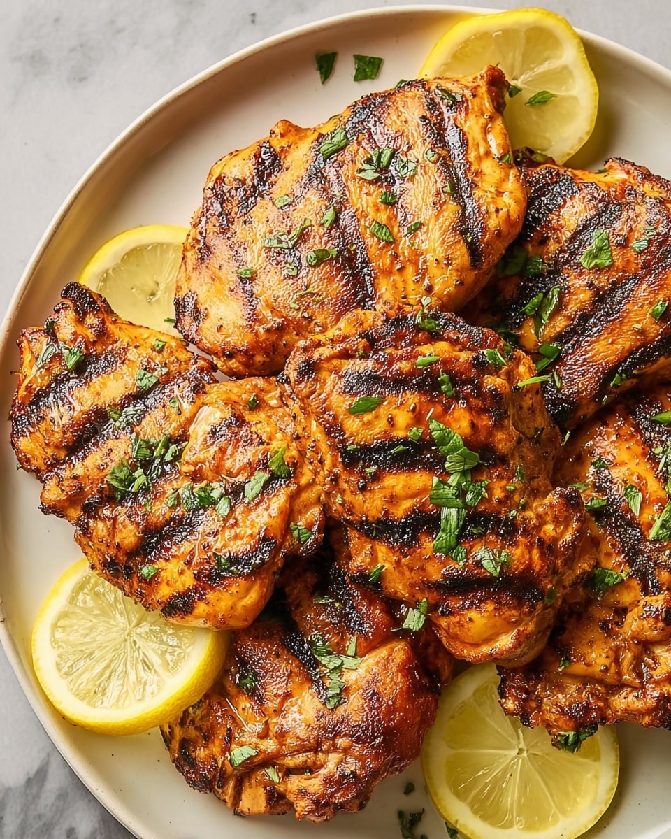 A round white plate holds a stack of grilled chicken thighs with deep brown grill marks across their golden-orange surface, showing a slightly crispy texture. The chicken pieces are garnished with small, fresh green herb leaves scattered on top. Around the edges of the plate, there are thin, bright yellow lemon slices adding a fresh look. The plate sits on a white marbled surface, enhancing the colors of the dish with natural light that highlights the juicy texture of the chicken. photo taken with an iphone --ar 4:5 --v 7