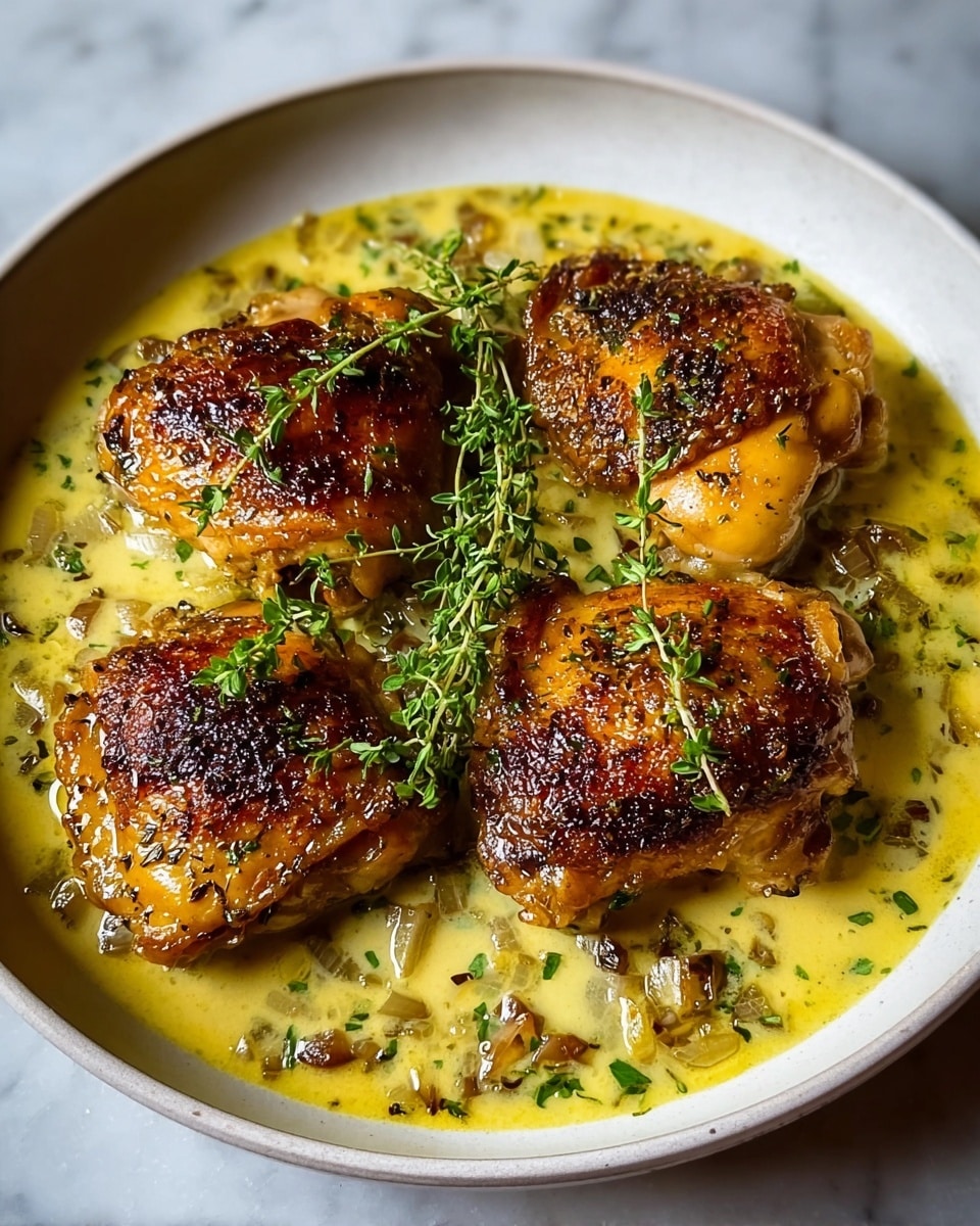The dish shows four pieces of golden-brown, crispy-skinned chicken thighs placed on a white plate filled with a creamy yellow sauce speckled with herbs and small onions. Each chicken piece is seared with a slightly charred texture on top, looking juicy and tender beneath the skin. Fresh green sprigs of thyme are scattered on top of the chicken, adding a pop of color and freshness to the warm tones of the dish. The sauce spreads around the chicken, pooling slightly at the base, with visible bits of herbs and finely chopped vegetables. The scene is set on a white marbled surface, giving it a clean and elegant look. photo taken with an iphone --ar 4:5 --v 7