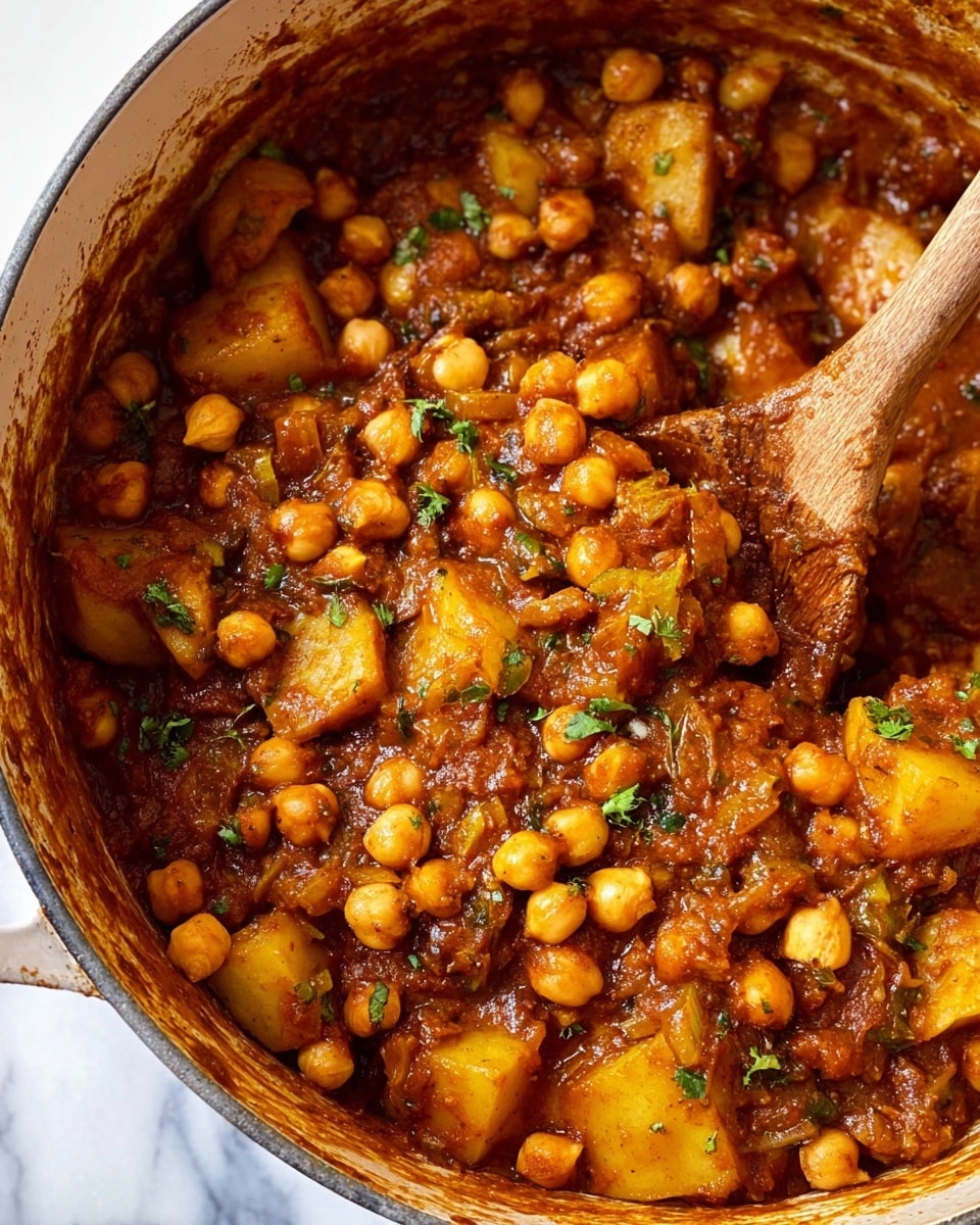 A close-up view of a thick stew in a pot, showing layered textures of soft yellowish potato chunks mixed with round beige chickpeas, all coated in a rich, glossy brown sauce with hints of green herbs scattered throughout. The sauce has a dense, slightly chunky texture, blending well with the tender vegetables and legumes. A wooden spoon is partially dipped into the stew from the right side, stirring the ingredients. The pot's inner edge is visible, with the stew filling it almost to the top. The background shows a clear white marbled surface. photo taken with an iphone --ar 4:5 --v 7