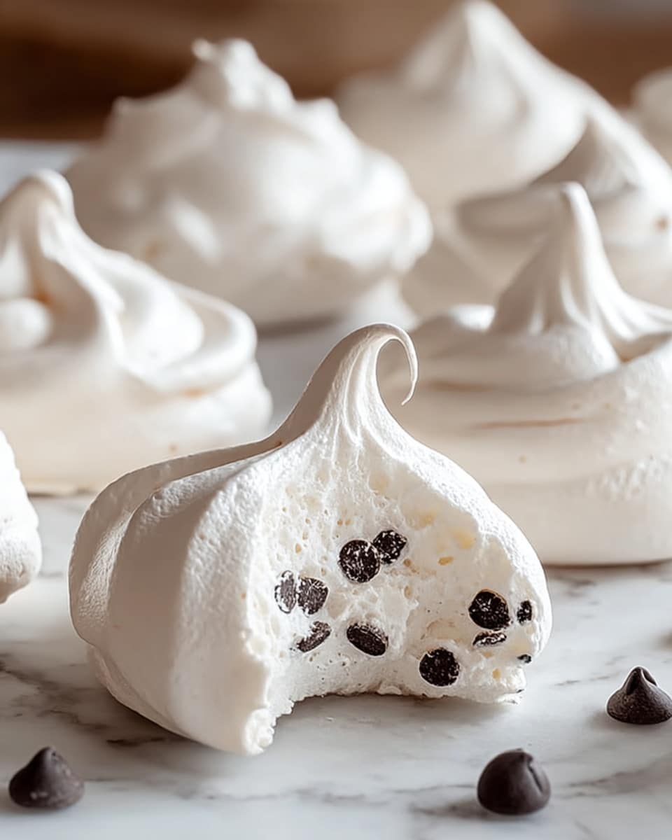 A group of white meringue cookies sits on a white marbled surface, each with a smooth, glossy texture and a peak at the top. One meringue is broken open in front, revealing its airy, soft inside filled with scattered dark chocolate chips that add small spots of dark color within the white. Another single chocolate chip rests on the surface near the broken meringue. The cookies are arranged loosely in the background, showing their light, fluffy shapes and smooth surfaces. Photo taken with an iphone --ar 4:5 --v 7
