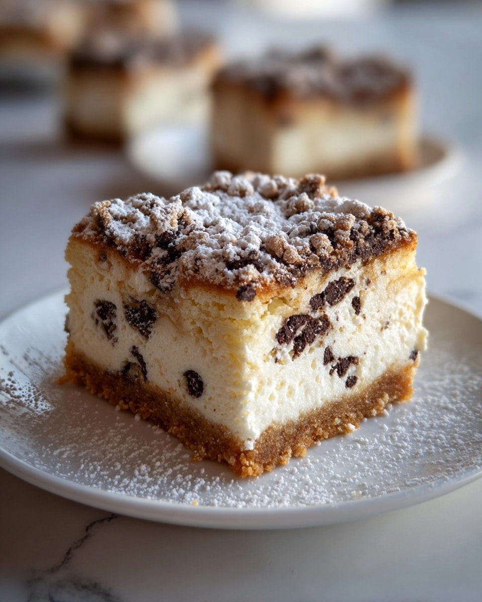 A square slice of dessert with three visible layers sits on a white plate over a white marbled surface. The bottom layer is a golden-brown crumbly crust. The middle layer is thick and creamy white with small to medium dark chocolate chips scattered throughout. The top layer is a crumbly texture mixed with chocolate chips, lightly dusted with powdered sugar that spills onto the plate. In the blurred background, there is another similar dessert on a white plate. Photo taken with an iphone --ar 4:5 --v 7