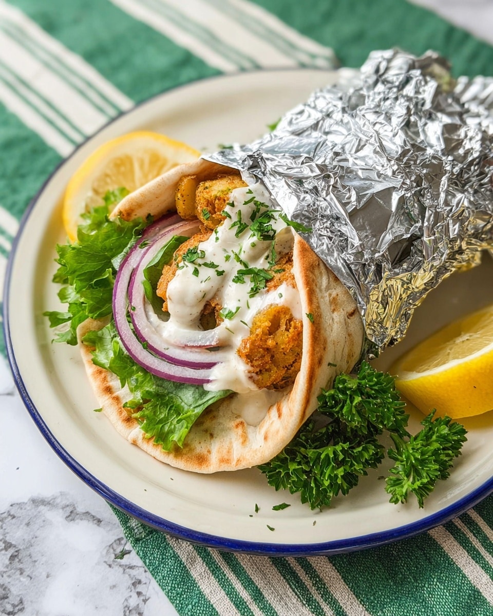 A sandwich wrapped halfway in shiny aluminum foil rests on a white plate with a blue rim, placed on a white marbled surface with a green and white striped cloth underneath. The sandwich has a soft, light brown pita bread as the outer layer. Inside, there is a layer of fresh green lettuce, topped with sliced red onions and golden-brown fried pieces, likely falafel or chicken. The top layer is a thick, creamy white sauce covering part of the filling. On the plate beside the sandwich, there is a lemon wedge and some fresh parsley, adding color and freshness to the scene. photo taken with an iphone --ar 4:5 --v 7