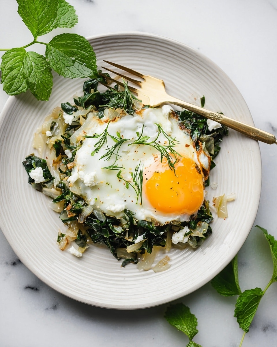 The dish is served on a white plate with gentle ridges near the edges, placed on a white marbled surface. It has three main layers: the bottom layer is a mix of cooked, chopped green leafy vegetables and onions, showing soft, slightly translucent white and light green colors with dark green leafy bits. The middle layer is a sunny-side-up egg with a bright yellow runny yolk partially spread open, surrounded by glossy white egg whites. Scattered on top are small pieces of white cheese and fresh chopped green herbs, adding texture and some dark green color contrast. A delicate sprig of green herb is placed on top to finish. A gold fork with fresh green herb leaves near it rests beside the food on the plate. Photo taken with an iphone --ar 4:5 --v 7