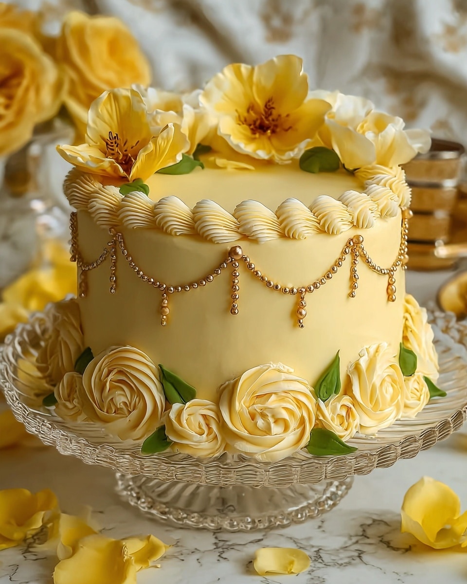 The cake is round with three thick layers covered in smooth pale yellow frosting. Around the sides near the base, there are swirls of frosting shaped like roses in the same yellow tone, with small green leaves adding detail. Near the top edge, a twisted rope of frosting runs around the cake, decorated with tiny gold beads hanging like little droplets on thin threads. On top, there are large yellow flowers with delicate petals and dark centers, some with green leaves, arranged both on the top surface and at the base of the cake for decoration. The cake sits on a clear white glass plate with a scalloped edge, placed on a white marbled surface with more yellow flowers nearby. Photo taken with an iphone --ar 4:5 --v 7