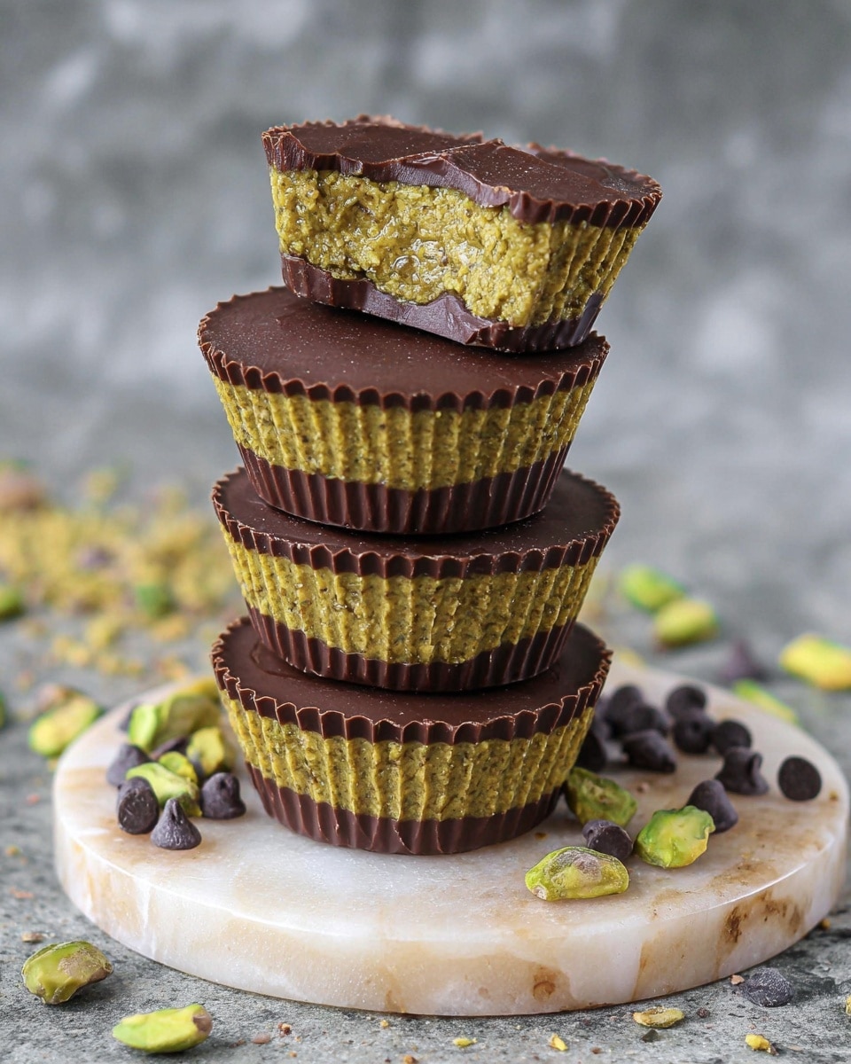 The image shows a stack of four chocolate cups with a textured dark brown base and top layer. Each cup contains a thick middle layer of greenish-yellow pistachio filling with a coarse, nutty texture. The cups are arranged in a leaning tower on a round, light-colored marble patterned coaster. Around the base, there are scattered green pistachios and dark chocolate chips on a white marbled surface. Photo taken with an iphone --ar 4:5 --v 7