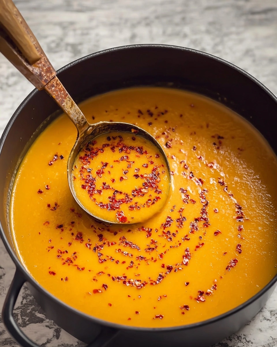 A close-up image of a black pot filled with smooth orange soup, topped with a spiral swirl of red chili flakes on the surface. A ladle with a rusty handle is lifting some soup, showing its thick texture and the chili flakes floating on it. The pot sits on a white marbled texture. photo taken with an iphone --ar 4:5 --v 7