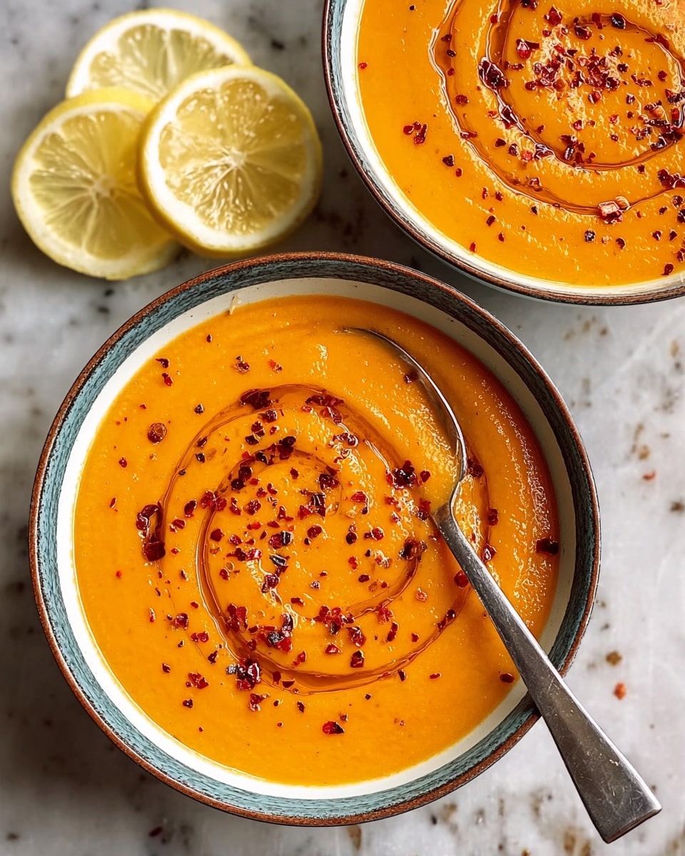 Two white bowls are filled with smooth, orange soup that looks thick and creamy. On the soup's surface in each bowl, there is a swirl of red chili flakes scattered evenly and a drizzle of dark red oil making a circular pattern. One bowl shows a silver spoon resting inside, partially submerged in the soup. Nearby, there are lemon slices placed on the white marbled surface, adding a fresh touch to the scene. The combination of the orange soup, red seasoning, and the white bowls creates a warm and inviting visual. photo taken with an iphone --ar 4:5 --v 7