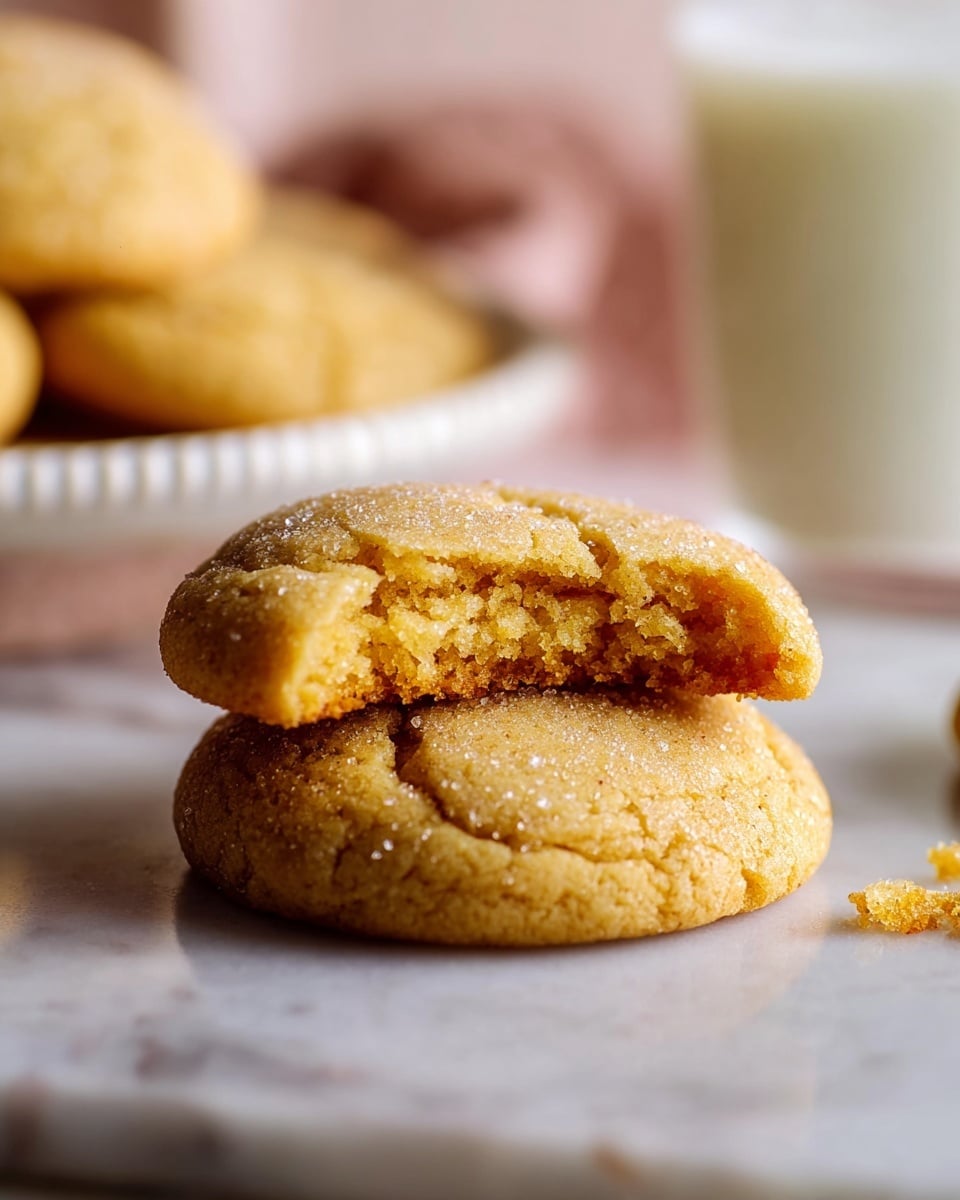 Two soft, golden-brown cookies rest on a white marbled surface, one cookie stacked on top of the other. The top cookie has a large bite taken out of it, showing a moist and slightly crumbly inside texture with sugar crystals glistening on the surface. In the blurred background, a white plate holds more cookies, and a glass of milk is partially visible, creating a warm and cozy scene. Photo taken with an iphone --ar 4:5 --v 7