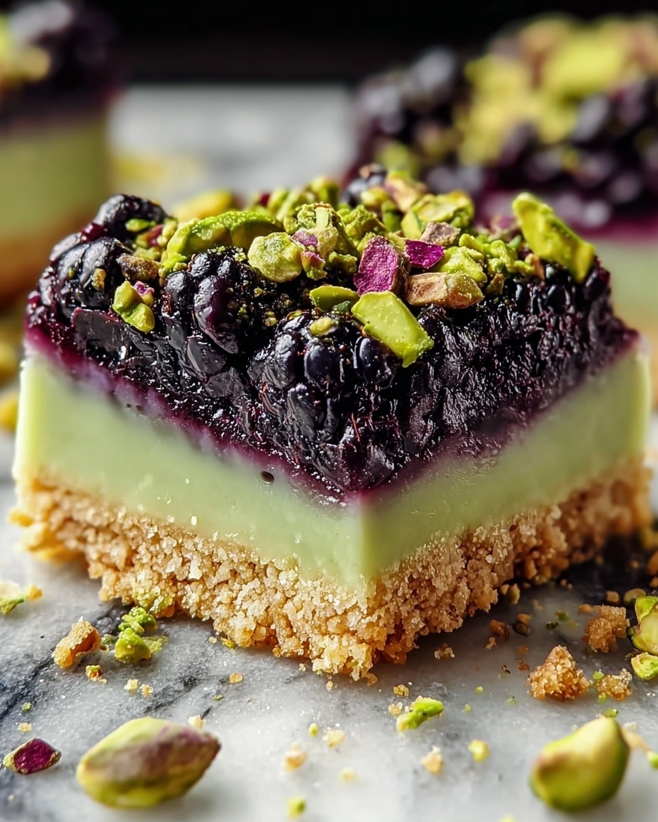 The image shows a close-up of a three-layered square dessert bar on a white marbled surface. The bottom layer is crumbly, golden brown, and looks like a crunchy crust. The middle layer is smooth and creamy with a light green color. The top layer has a dark purple, glossy texture made of blackberries that are juicy and plump. Scattered on top are small pieces of green and purple pistachios adding a crunchy texture and color contrast to the deep berries. There are some crumbs and pistachio pieces around the dessert. Photo taken with an iphone --ar 4:5 --v 7