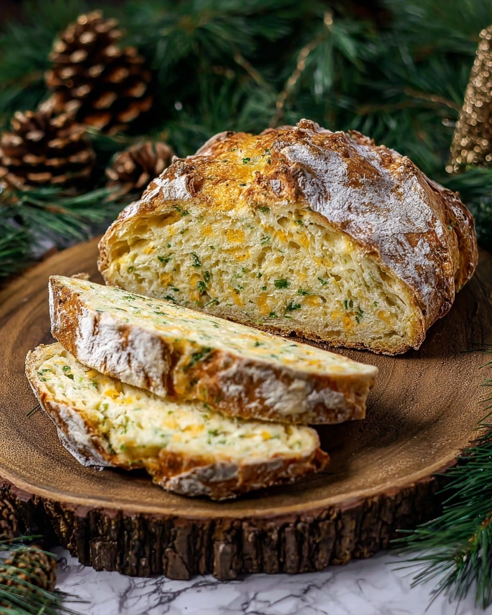 A rustic loaf of bread with a rough golden-brown crust lightly dusted with flour is placed on a natural wooden round board. The bread is cut into three thick slices, showing a soft, pale yellow inside flecked with green herbs and small bits of cheese throughout. The crust is thick and crunchy, while the inside looks moist and textured. The background includes green pine branches and pine cones scattered around, all set on a white marbled texture surface. photo taken with an iphone --ar 4:5 --v 7