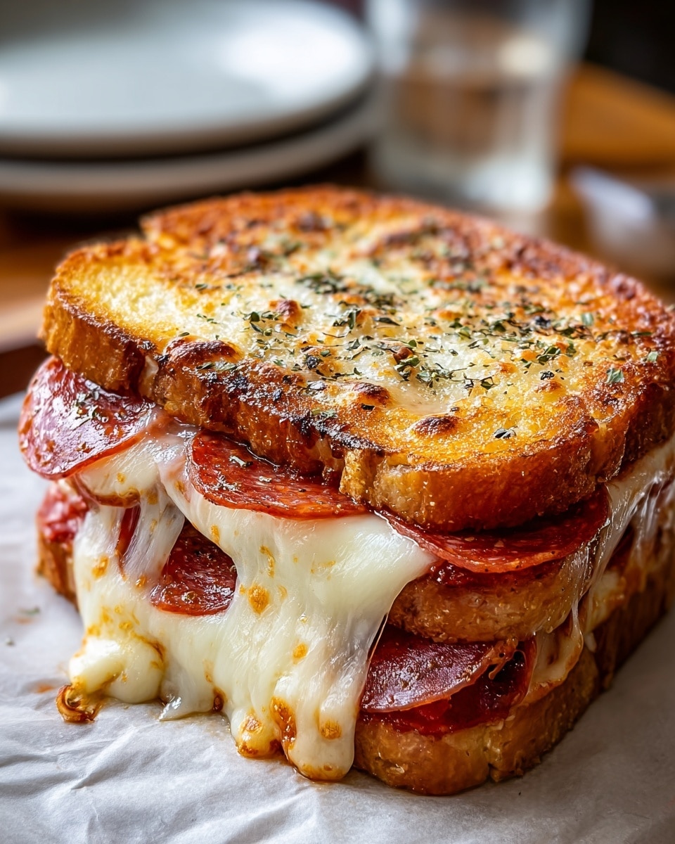 A thick sandwich made of two slices of golden brown toasted bread with slightly crispy edges forms the top and bottom layers; between them, there is a rich layer of melted white cheese stretching out and dripping slightly, mixed with round red pepperoni slices. The top bread is covered with melted cheese that has browned in spots and sprinkled with small green herbs. The sandwich rests on brown parchment paper on a table with a white marbled texture background. photo taken with an iphone --ar 4:5 --v 7