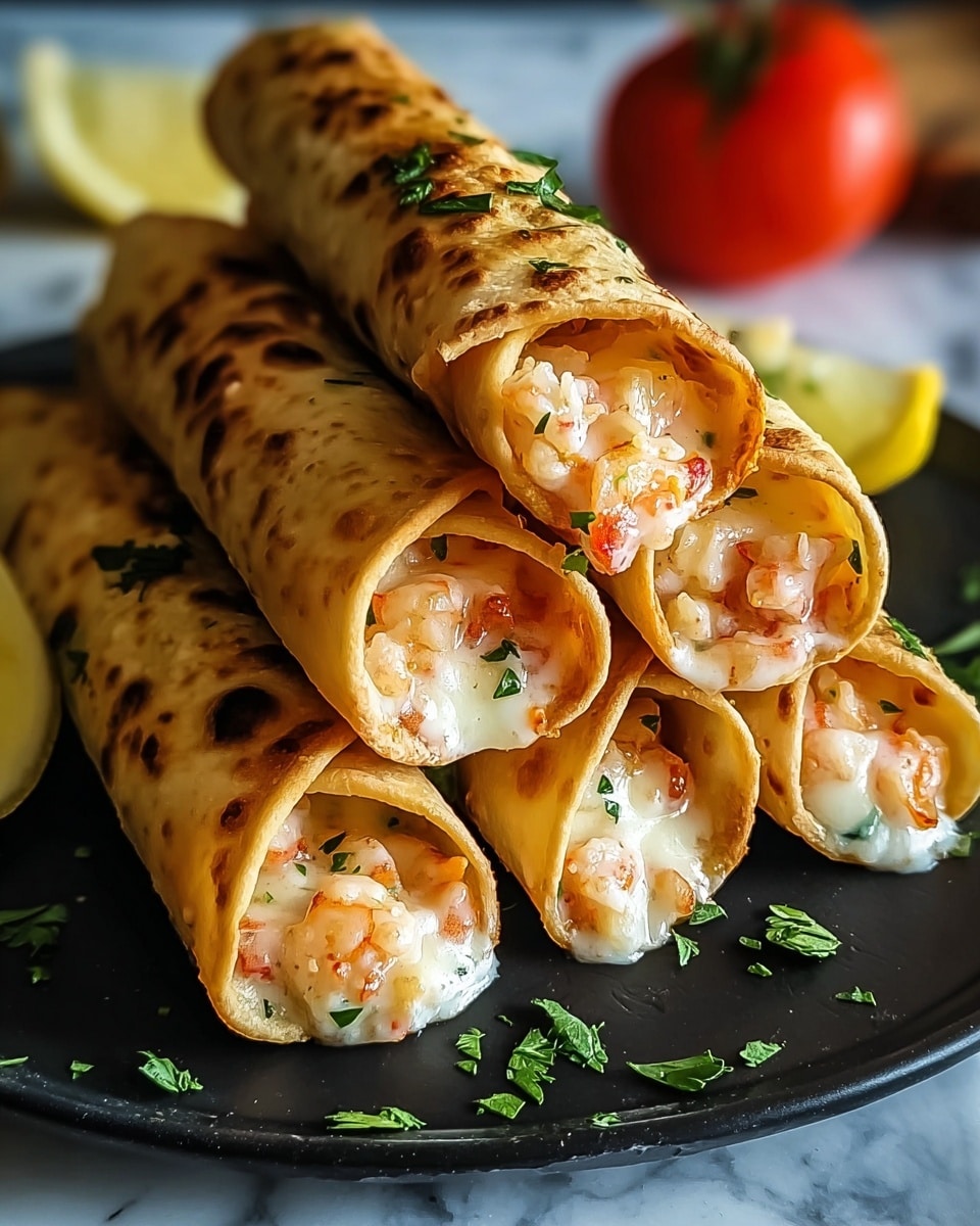 This image shows six golden-brown, crispy rolled taquitos stacked on top of each other. Each taquito reveals the filling inside, which has light pink shrimp pieces covered in melted white cheese and small green herbs. The taquitos have small, slightly darker toasted spots on the outside. The stack sits on a dark plate, and a few green herb leaves are scattered around it on a white marbled surface. There are blurred lemon wedges and a tomato in the background. photo taken with an iphone --ar 4:5 --v 7