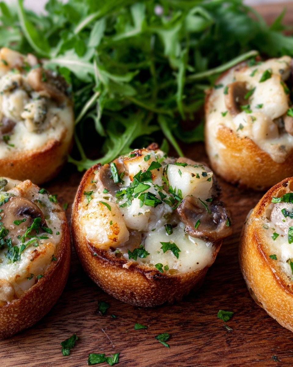 The image shows small round bread cups as the base layer, light golden brown and toasted. On top of each bread cup is a creamy layer of melted white cheese mixed with small, tender pieces of mushrooms and some light-colored chunks that look like scallops or potatoes. Bright green chopped herbs are sprinkled over the cheese layer, adding a fresh pop of color. The bread cups are set against a pile of fresh green leafy herbs on a wooden surface. The overall look is warm, creamy, and fresh with contrasting textures of crisp bread and soft creamy topping. photo taken with an iphone --ar 4:5 --v 7