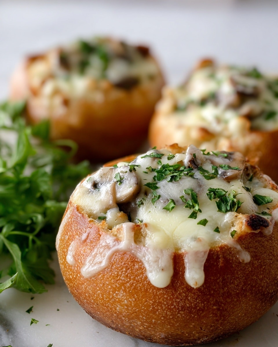 A close-up view of three small round bread bowls filled with a creamy mushroom mixture, topped with melted white cheese that slightly drips over the edges, sprinkled with chopped green herbs. The bread is golden brown and looks crusty, while the inside filling shows visible chunks of light brown mushrooms beneath the cheese. The bowls are resting on a white marbled surface with some fresh green herbs beside them, slightly out of focus in the background. photo taken with an iphone --ar 4:5 --v 7