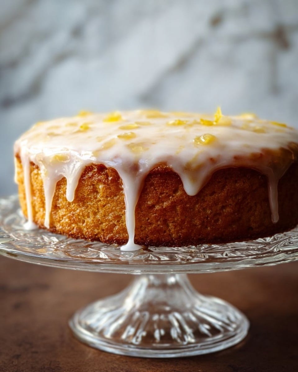 A single-layer round cake with a golden-brown textured crust sits on a clear glass cake stand with intricate patterns. The top layer is covered with a thick, glossy white glaze that drips slowly down the sides, with small yellowish chunks embedded in the glaze. The background features a white marbled texture with soft, natural light creating a warm atmosphere. photo taken with an iphone --ar 4:5 --v 7