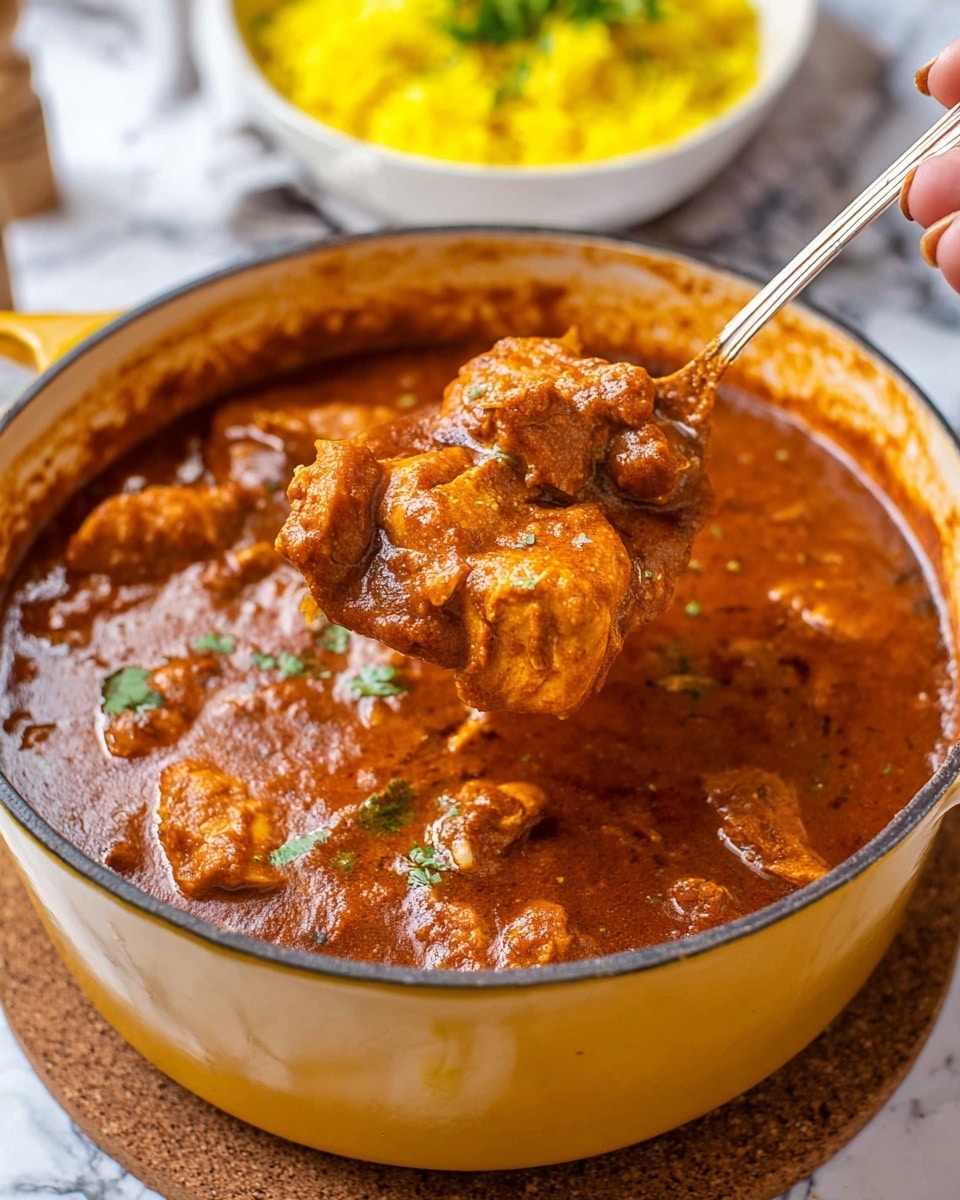 A close-up view of a yellow pot filled with thick, rich, reddish-brown curry with visible pieces of tender chicken. The curry has a smooth, glossy surface with some chunks of chicken and sauce clinging to a spoon that is lifting a portion from the pot. The group of chicken pieces looks soft and well-cooked, with some sauce dripping slightly from the spoon. The pot is placed on a dark cork mat on a white marbled surface, and part of a woman's hand holding the spoon is visible at the bottom right of the image. In the blurred background, a white bowl with bright yellow rice and some green herbs can be seen. photo taken with an iphone --ar 4:5 --v 7