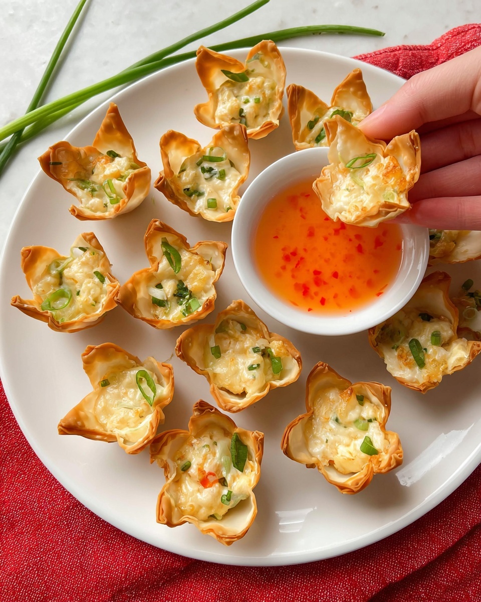 A silver muffin tin holds twelve crispy, golden brown wonton cups, each filled with a creamy, white mixture that has small pieces of light pink shrimp and green scallion slices scattered on top. The wonton wrappers are thin and slightly curled, with a textured surface from frying, creating a crunchy contrast to the soft filling. The cup edges are uneven and lift above the filling, giving a rustic look to each unit. The tin sits on a red textured cloth over a white marbled table, with extra chopped green scallions sprinkled around for added color. photo taken with an iphone --ar 4:5 --v 7