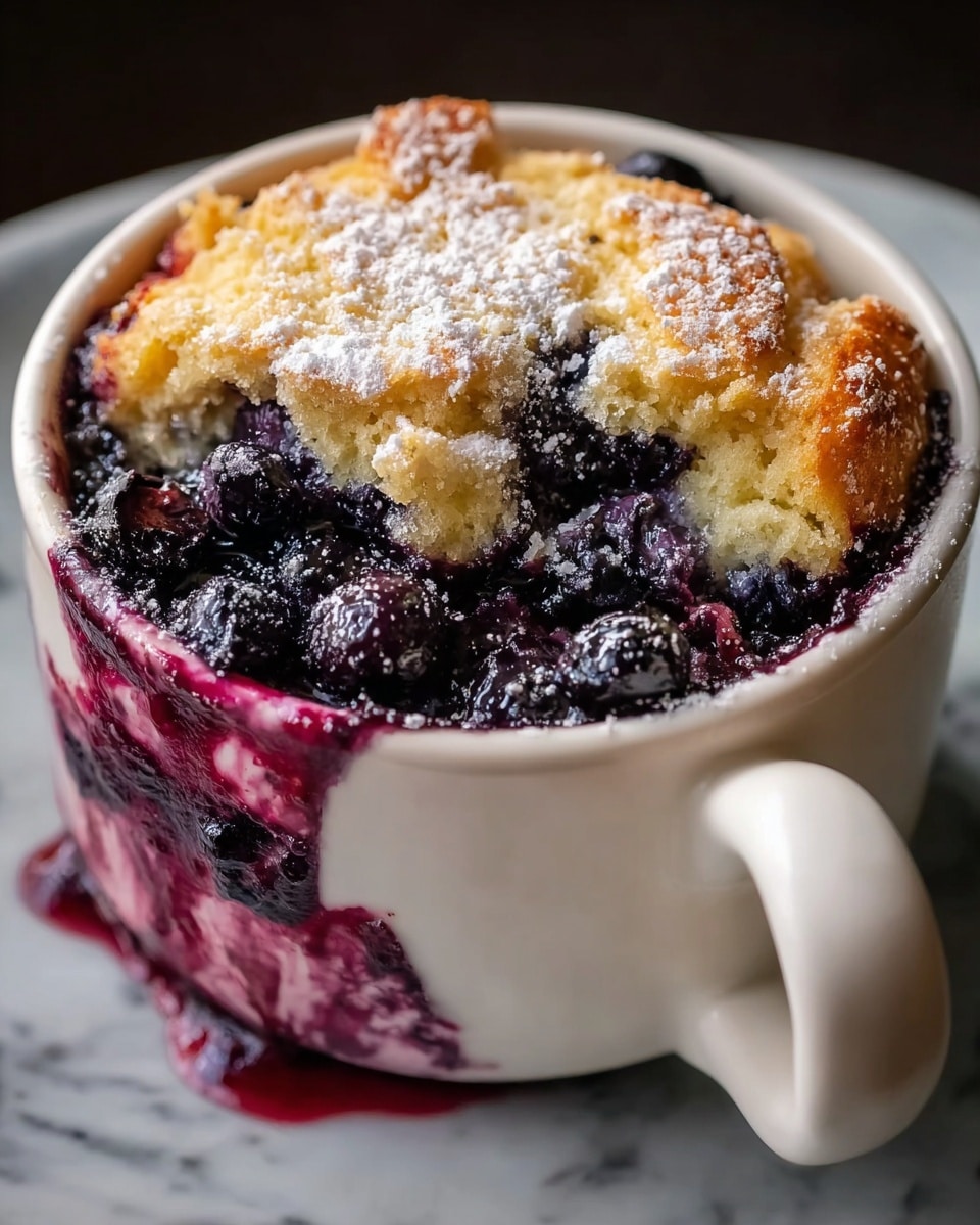 The image shows a small dessert served in a white cup with a handle, filled with a baked mixture that has at least two visible layers. The bottom layer is a deep purple, juicy berry filling with whole blueberries mixed in, creating a rich, glossy texture. The top layer is a golden-brown, slightly crumbly cake with a rough texture, sprinkled with powdered sugar. The dessert sits on a white marbled surface, with part of the berry filling slightly oozing over the edge of the cup, hinting at its moistness. photo taken with an iphone --ar 4:5 --v 7