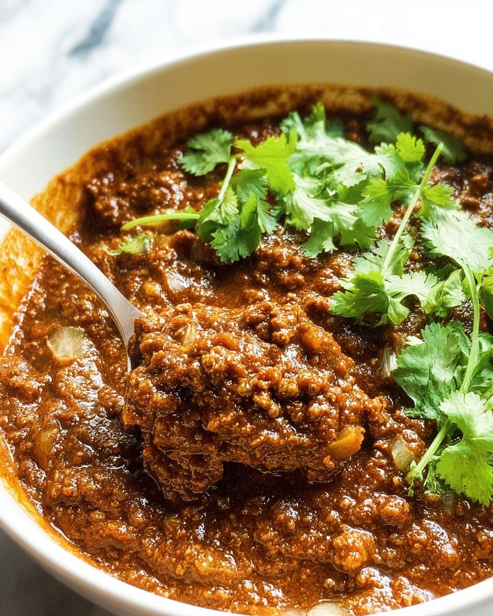 A close-up of a dish showing a rich, thick curry with minced meat in a white bowl. The curry is dark brown with a slightly oily surface, containing very fine bits of ground meat and small pieces of onions. On top, fresh green cilantro leaves are scattered evenly, adding a bright contrast. A white spoon is partly dipped into the curry, showing its thick, textured consistency. The background features a white marbled texture. photo taken with an iphone --ar 4:5 --v 7