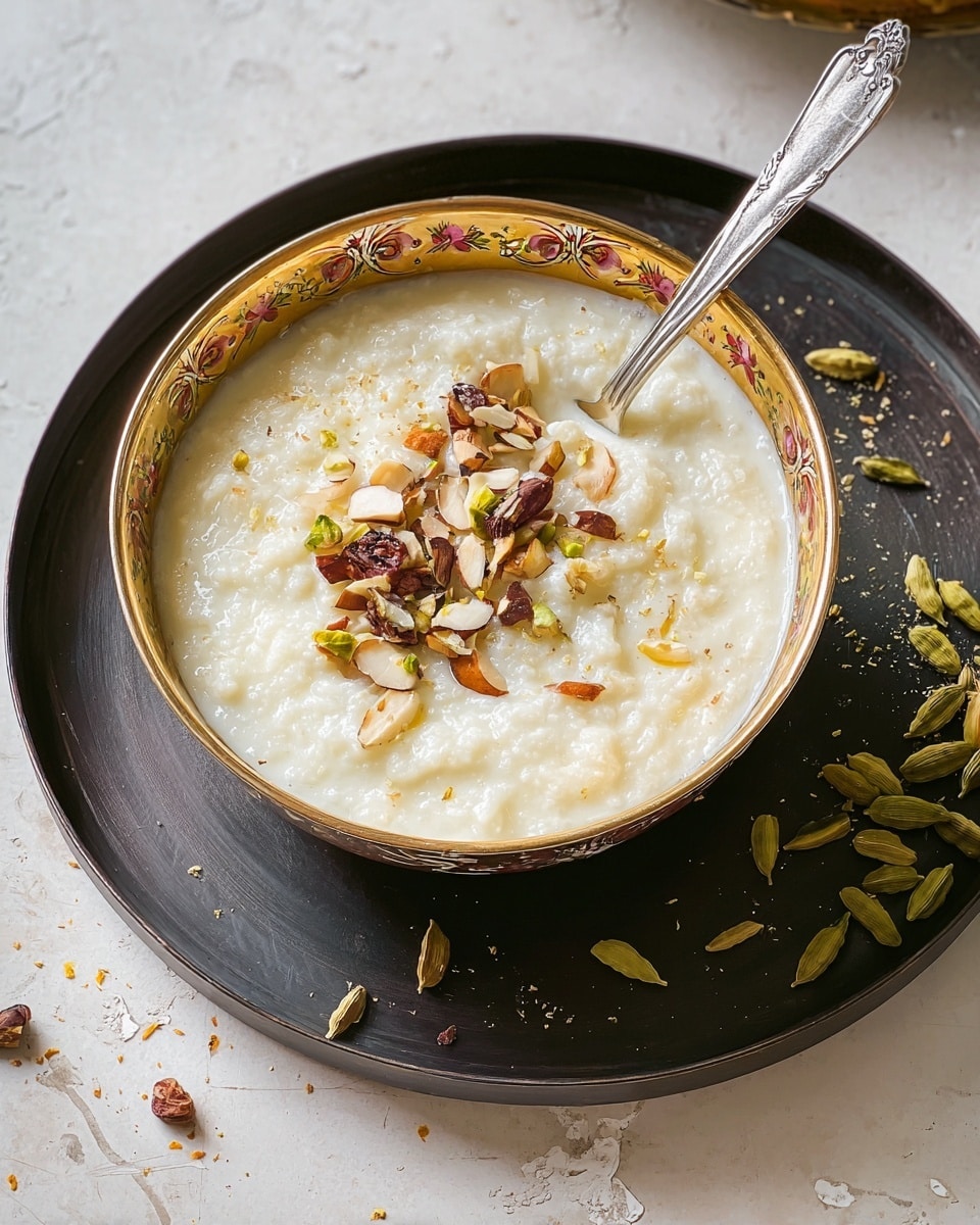 A close-up view of a creamy white rice pudding served in a round ornate golden bowl with floral patterns on the edges. The pudding has a thick, slightly lumpy texture and is topped with chopped nuts including almonds and pistachios scattered unevenly on the surface. A silver spoon rests inside the pudding, partially submerged on the right side. The bowl is placed on a large round black tray with a matte finish, and around the tray are some green cardamom pods and bits of saffron scattered on the surface. The setting is on a white marbled texture surface. photo taken with an iphone --ar 4:5 --v 7