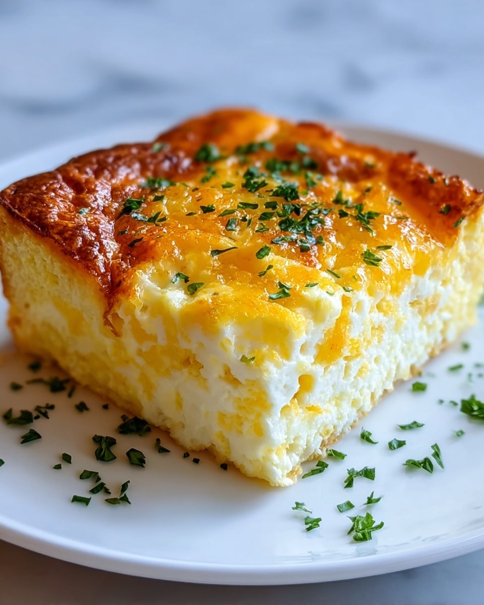A thick, square slice of fluffy egg casserole is placed in the center of a white plate on a white marbled surface. The casserole has a golden brown, slightly crispy top layer sprinkled with finely chopped green herbs, while beneath the top the middle layer appears soft, pale yellow and light with small bits of white, showing a creamy texture. Small scattered bits of herbs also decorate the plate around the slice. Photo taken with an iphone --ar 4:5 --v 7