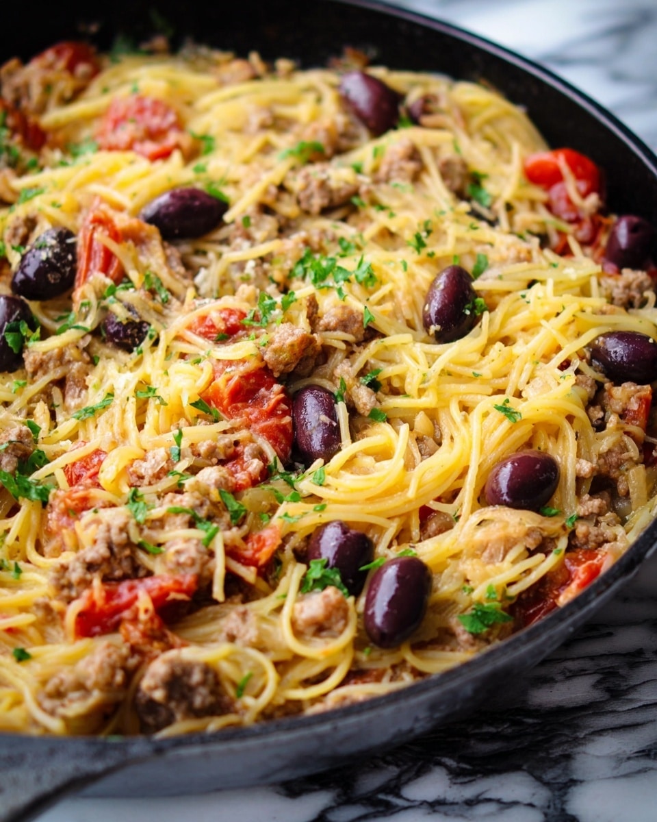 A close-up view of a skillet filled with a mixed dish showing several layers: the base layer is light yellow cooked spaghetti squash strands spread evenly. Scattered on top are chunky pieces of browned ground meat mixed with halved black olives and red and yellow roasted cherry tomatoes, adding bright red, deep purple, and golden yellow pops of color. The dish is sprinkled with finely chopped green parsley, adding small green accents across the surface. The skillet itself is black, slightly matte, contrasting the colorful food inside. The skillet sits on a white marbled textured surface. photo taken with an iphone --ar 4:5 --v 7
