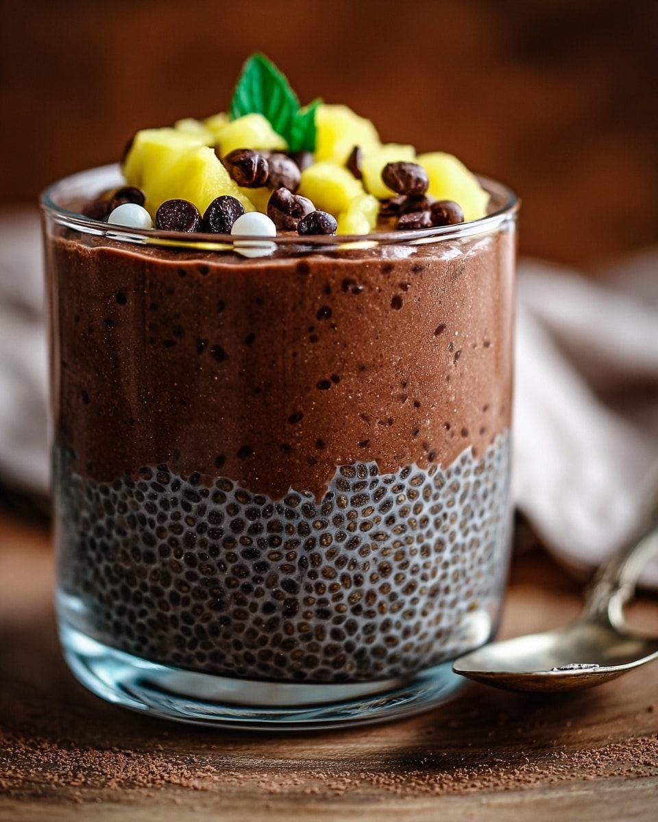 The image shows a clear glass filled with three visible layers: the bottom and middle layers are thick and dark brown chocolate chia pudding with a textured, dotted look from the chia seeds. On top is a smooth, thick layer of the same chocolate pudding. The dessert is decorated on top with small pieces of light yellow fruit, dark brown chocolate chips, a few white and silver tiny seeds, and a small green leaf on the side. The glass sits on a wooden surface with a vintage silver spoon nearby, and the background has a soft, warm blurred brown tone replaced here with a white marbled texture. photo taken with an iphone --ar 4:5 --v 7