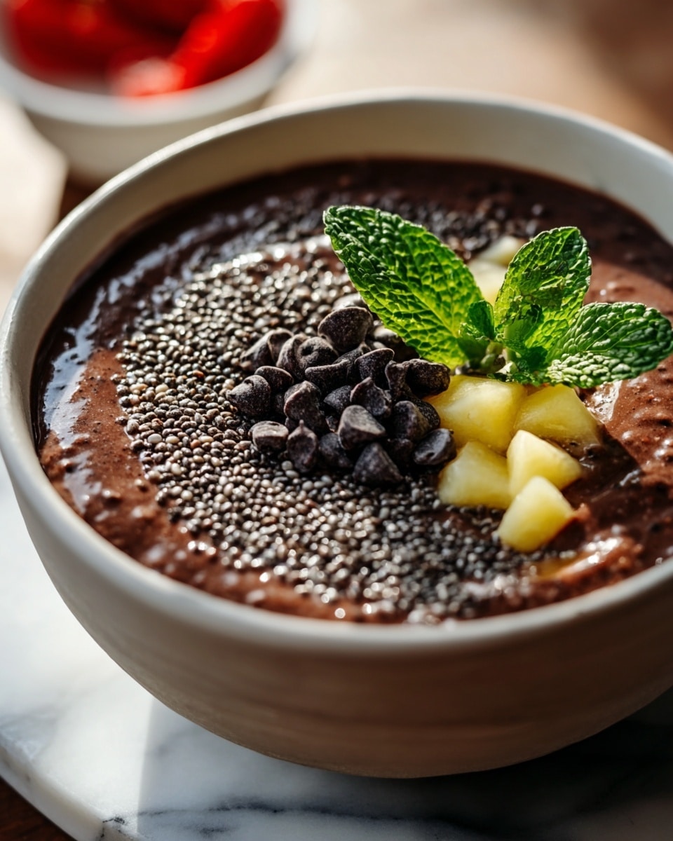 A close-up view of a white bowl filled with three main layers: a thick, dark brown chocolate smoothie base at the bottom with a creamy texture, topped with a scattering of small black chia seeds that add a bumpy texture, a small pile of shiny dark chocolate chips placed centrally, and a few small pale yellow fruit chunks alongside two fresh green mint leaves on the right side. The bowl rests on a white marbled surface with a blurred white dish holding red items in the background, all captured with natural lighting. Photo taken with an iphone --ar 4:5 --v 7