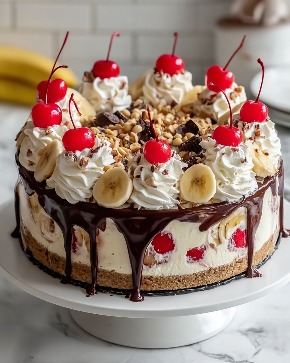 A round cake with three visible layers stands on a white cake stand on a white marbled surface. The bottom layer is a brown crumb crust, the middle layer is creamy white with banana slices and scattered strawberries inside. On top, there is a layer of whipped cream piped in large swirls, each topped with a bright red cherry with long stems and a few banana slices tucked in between. Dripping dark chocolate ganache covers the edge of the top layer, slightly running down the sides. The top center is covered with crushed nuts and small chocolate chunks scattered among the whipped cream. Photo taken with an iphone --ar 4:5 --v 7