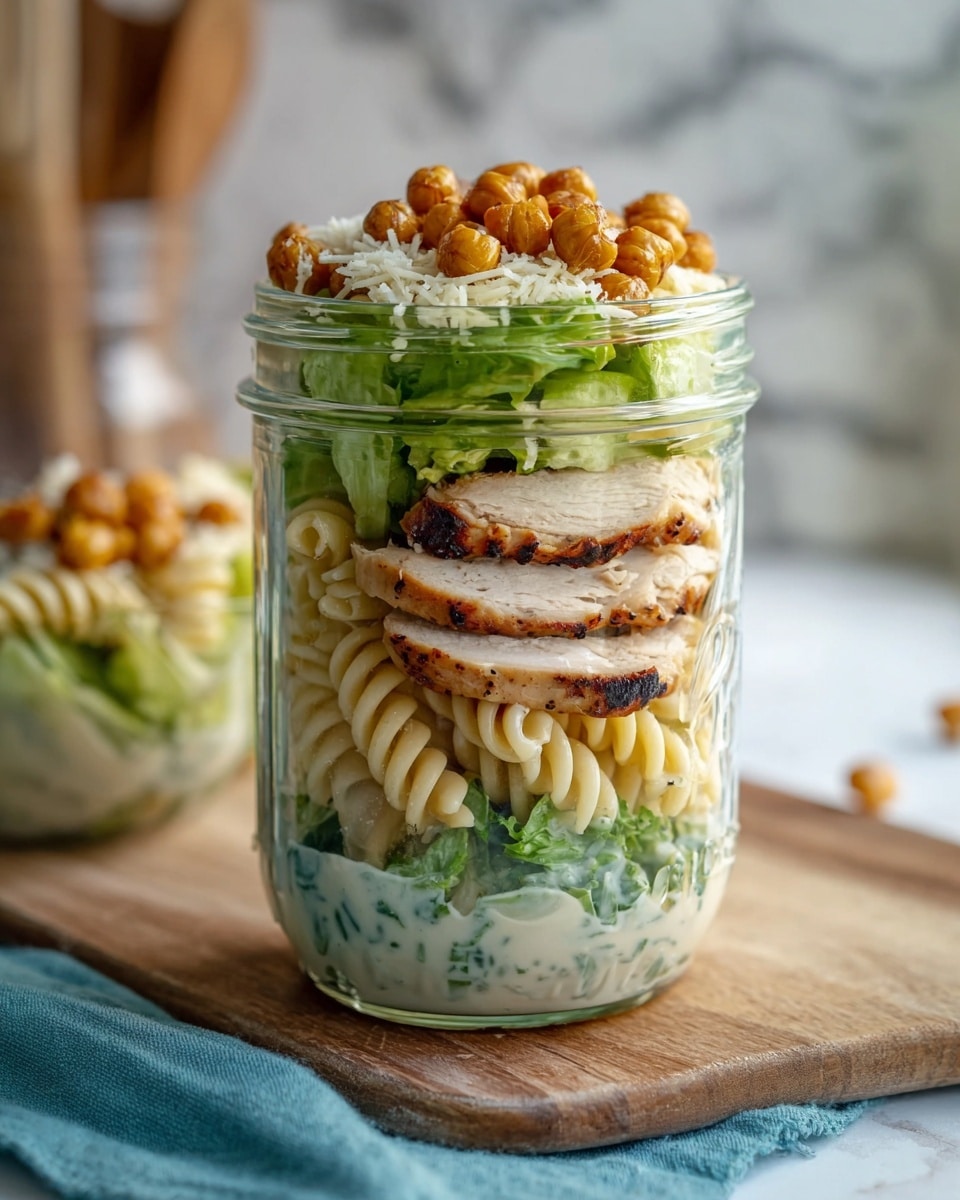 A clear glass jar filled with four visible layers is placed on a wooden board above a light blue cloth and a white marbled surface. The bottom layer is creamy white sauce with green herbs mixed in. Above it lies a layer of chopped green lettuce, topped with a layer of pale yellow spiral pasta. Next is three slices of grilled chicken breast with brown char marks, positioned in the middle. On top of that, another layer of spiral pasta and chopped lettuce is visible, finished with golden brown roasted chickpeas and sprinkled white shredded cheese on the very top. The background is softly blurred with a white marbled texture and some kitchen items partially visible. Photo taken with an iphone --ar 4:5 --v 7