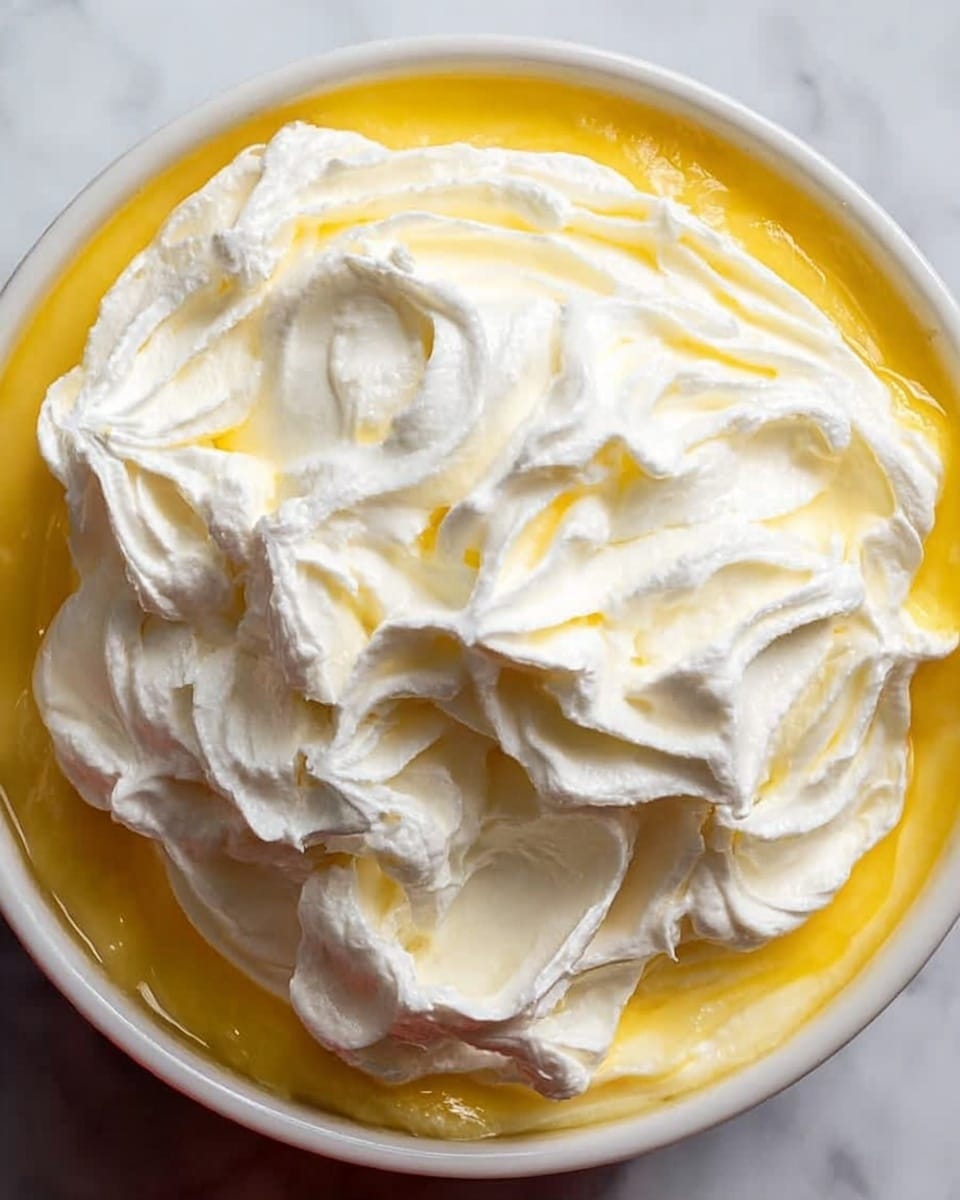A close-up view of a dessert in a white bowl, showing two layers: a thick, smooth layer of yellow custard or lemon curd at the bottom and a top layer of fluffy, white whipped cream with soft swirls and peaks. The whipped cream is spread unevenly, allowing the yellow layer to show through in some spots, creating a bright contrast between the two layers. The bowl sits on a white marbled texture surface. photo taken with an iphone --ar 4:5 --v 7