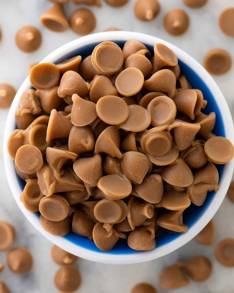 A close-up top view of many small caramel-colored chocolate chips piled high inside a white bowl, each chip smooth and shiny with a classic teardrop shape and flat bottom. The bowl sits on a white marbled surface, and a few chocolate chips are scattered loosely around the bowl. The caramel chips have a creamy, soft texture that looks rich and sweet. photo taken with an iphone --ar 4:5 --v 7