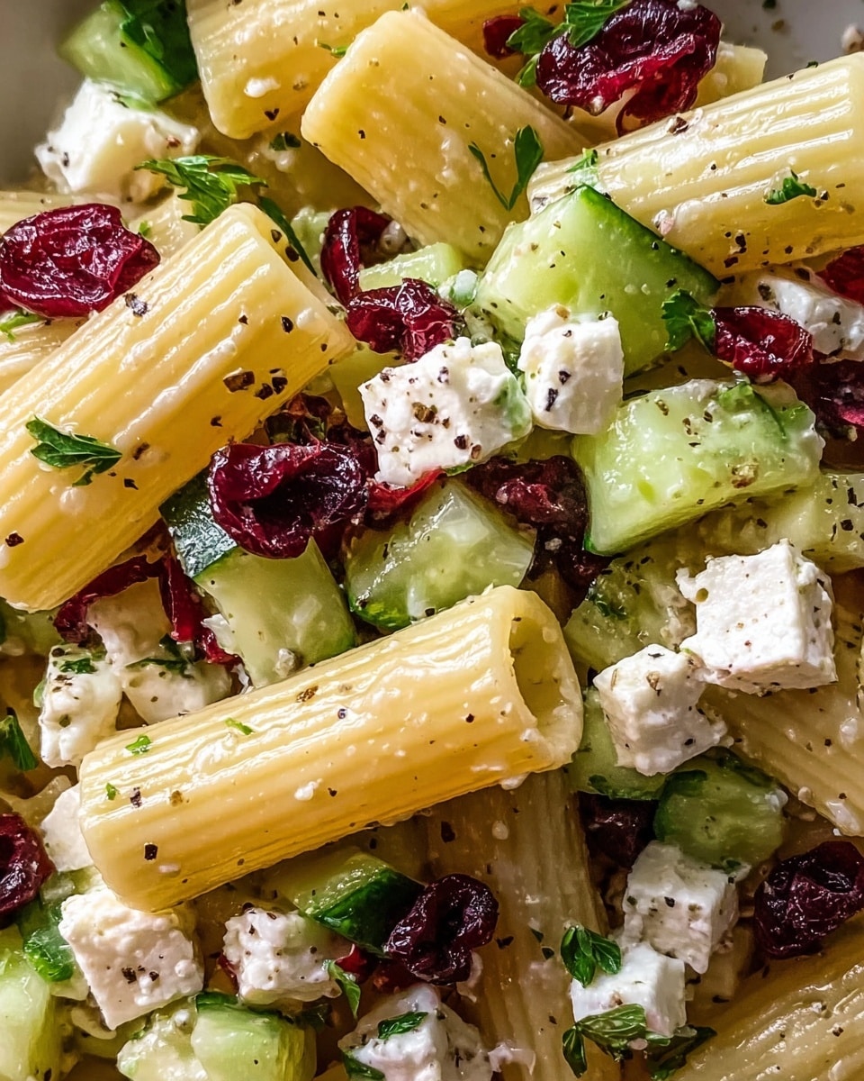 A close-up view of a pasta salad featuring three main layers: large tube-shaped rigatoni pasta with a pale yellow color and smooth texture, green cucumber pieces cut into small chunks, and white cubes of feta cheese with a slightly crumbly texture. Scattered throughout are deep red dried cranberries adding a pop of color, along with small green parsley leaves. The dish is lightly seasoned with specks of black pepper and glistening olive oil droplets, presented on a white marbled surface. photo taken with an iphone --ar 4:5 --v 7